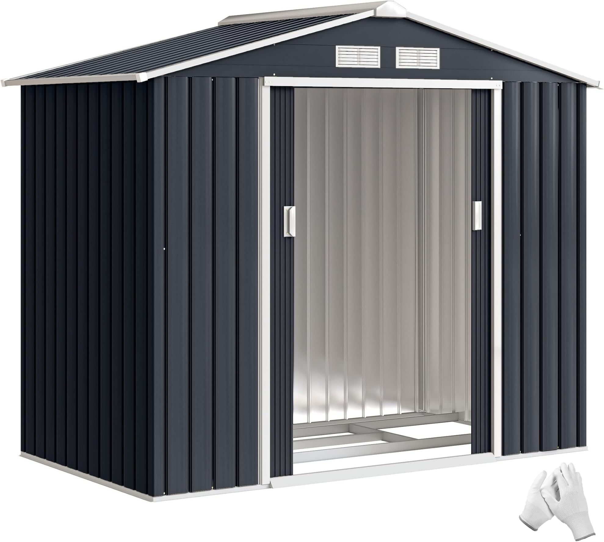 Outsunny 7 x 4ft Metal Garden Shed, Waterproof Outdoor Bike Storage Shed Galvanised with Vents, Foundation Kit, Apex Roof and Lockable Double Doors for Patio Lawn, Dark Grey