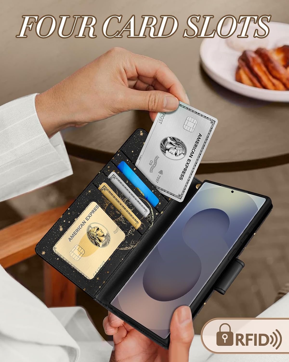 Toycamp for Samsung Galaxy S25 Ultra Wallet Case with Wrist Strap - Leather Flip Folio Phone Case with RFID Blocking 4 Card Slots Galaxy S25 Ultra Funda Cute Aesthetic for Women Lady, Black Sun Moon - Image 4