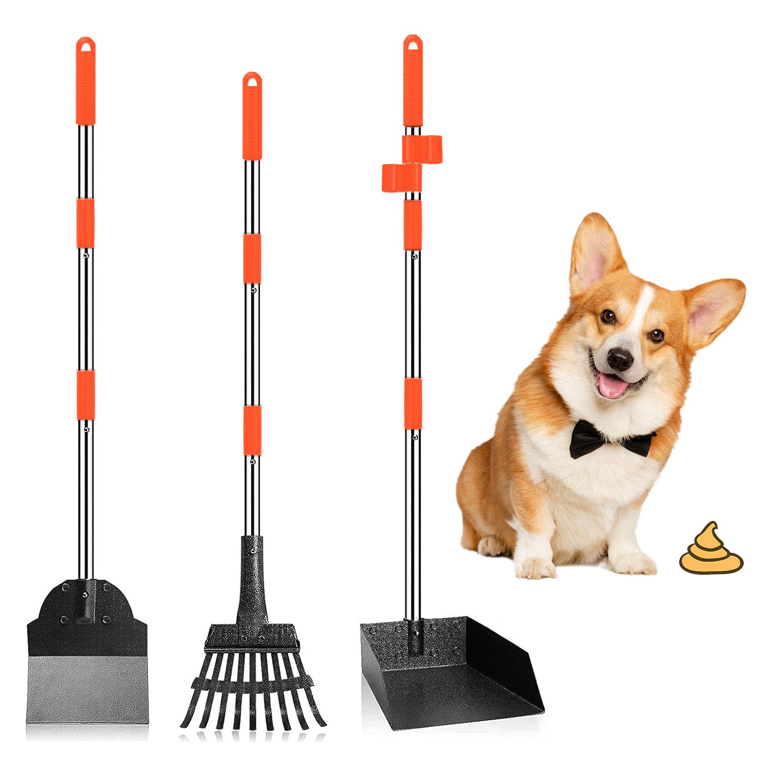 Furggis Hundekotschaufel, 3 Stück Dog Pooper Scooper Hundekotschaufel und Harke Metall Rechen Kehrschaufel für große mittlere kleine Hunde mit Lange verstellbare Griff Rake Waste Removal