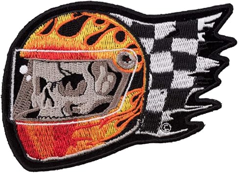 PatchStop Skull Race Car Helmet Flames Iron On Patches for Clothing Jeans - 4.25x3in Small DIY Sew On Patch for Jackets Bags - Embroidered Decorative Skull Patches