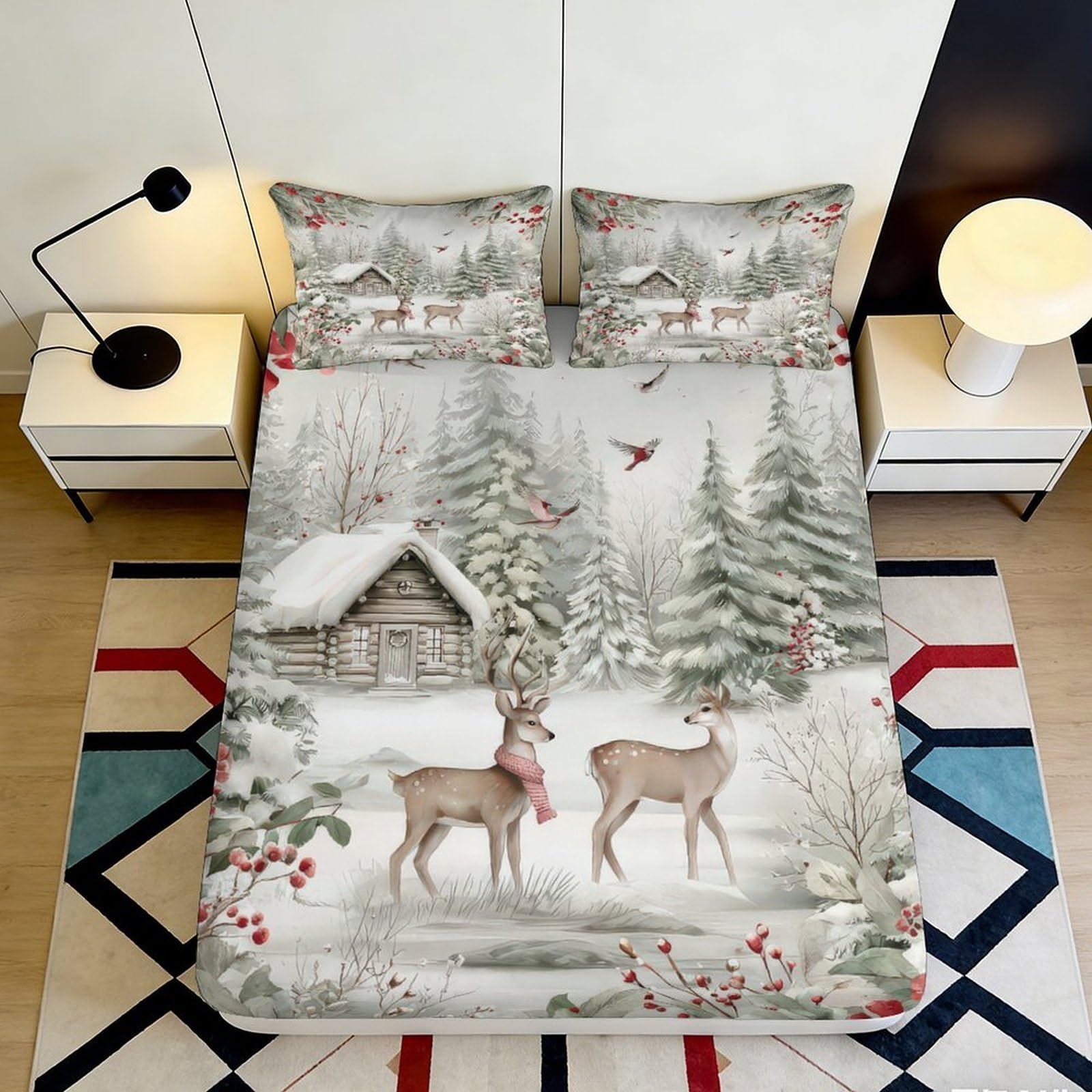 3D Printed Winter Deer Fitted Sheet Microfiber Soft Breathable Snowy Forest Bed Cover for Bedroom Guest Room Mattress Protection Decorative 140x200x25cm