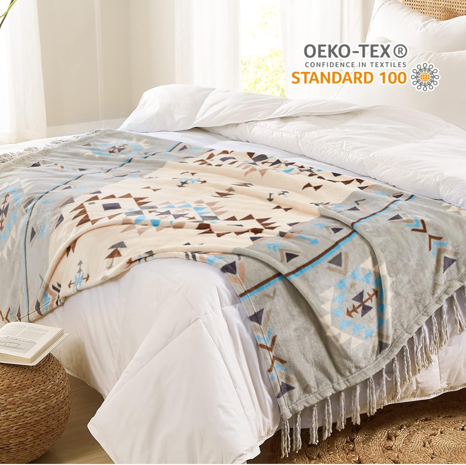 CASAAGUSTO Boho Throw Blanket - Green and Beige Decorative Blankets with Tassel, Printed Flannel Bohemian Blanket for Chair, Bed, Sofa, Couch(50 * 60, Green and Beige) - Image 3