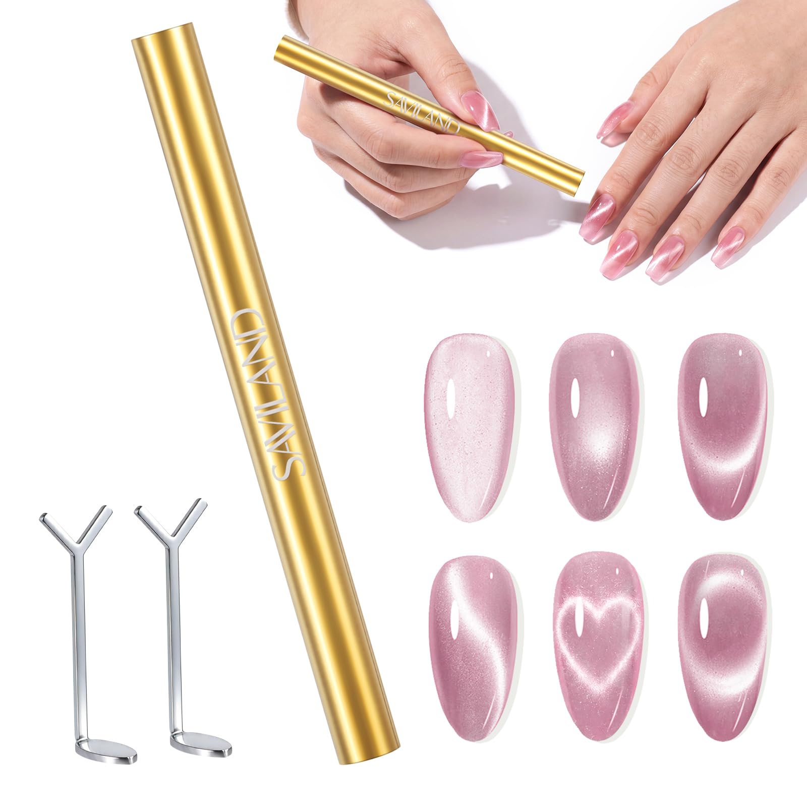 SAVILAND Cat Eye Magnet for Nails: Double-Head Ultra-Strong Nail Magnet with Heart Magnet Y-Shaped Multifunctional Gold Cateye Magnet Tool for Cat Eye Gel Polish Nail Art Design DIY Home