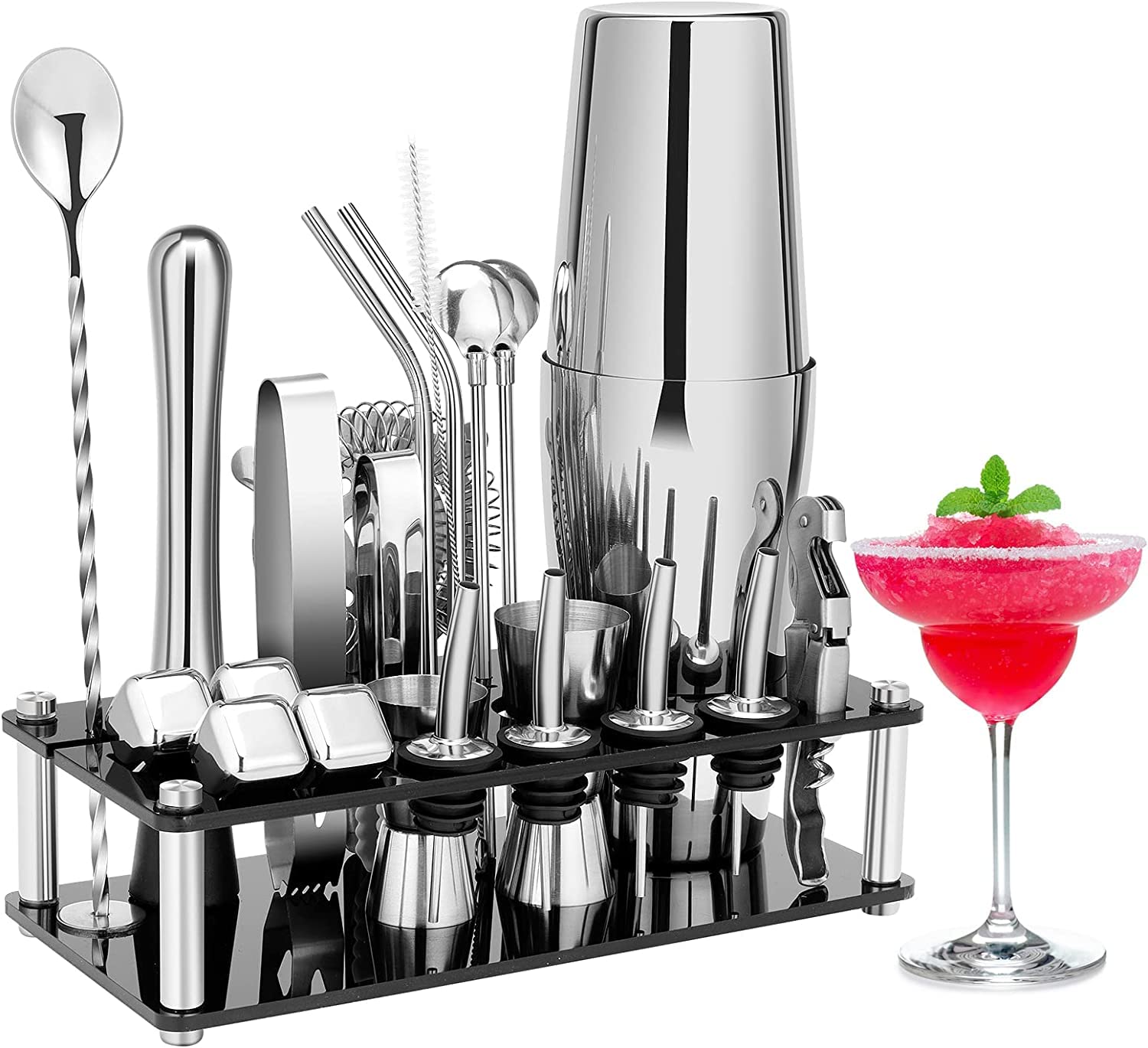 Cocktail Shaker Set, 23-Piece Stainless Steel Bartender Kit with Acrylic Stand & Cocktail Recipes Booklet, Professional Bar Tools for Drink Mixing, Home, Bar, Party (Include 4 Whiskey Stones)