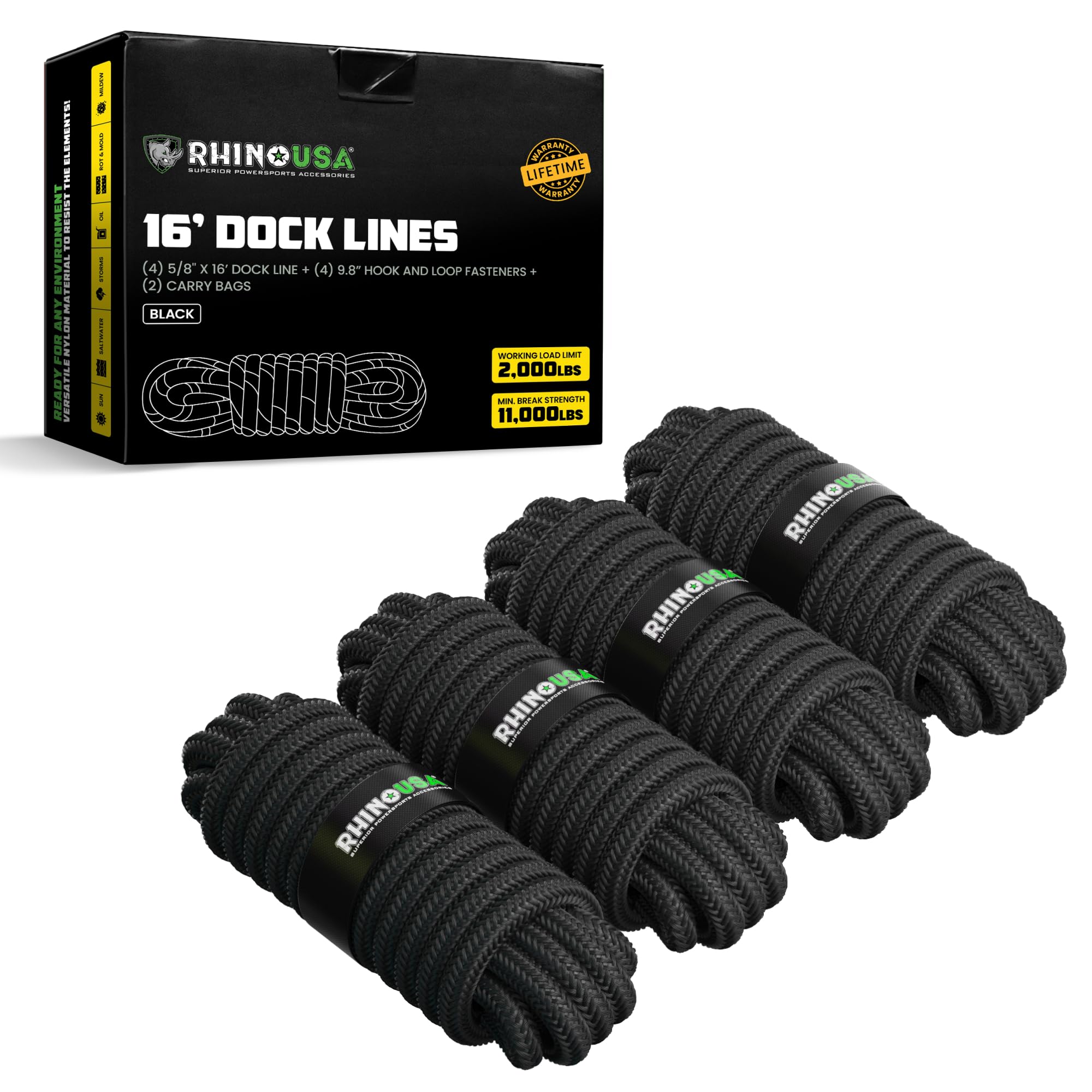 Rhino USA 5/8" x 16' Dock Lines - Docking Rope for Boats, Jet Skis &amp; Kayaks
