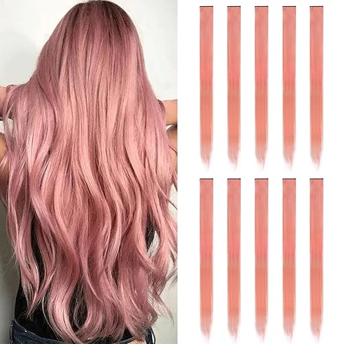 FENTISAR - Extensiones de cabello de colores, 10 extensiones de cabello rosa carne de 22 pulgadas con clip, extensiones de cabello sintético con