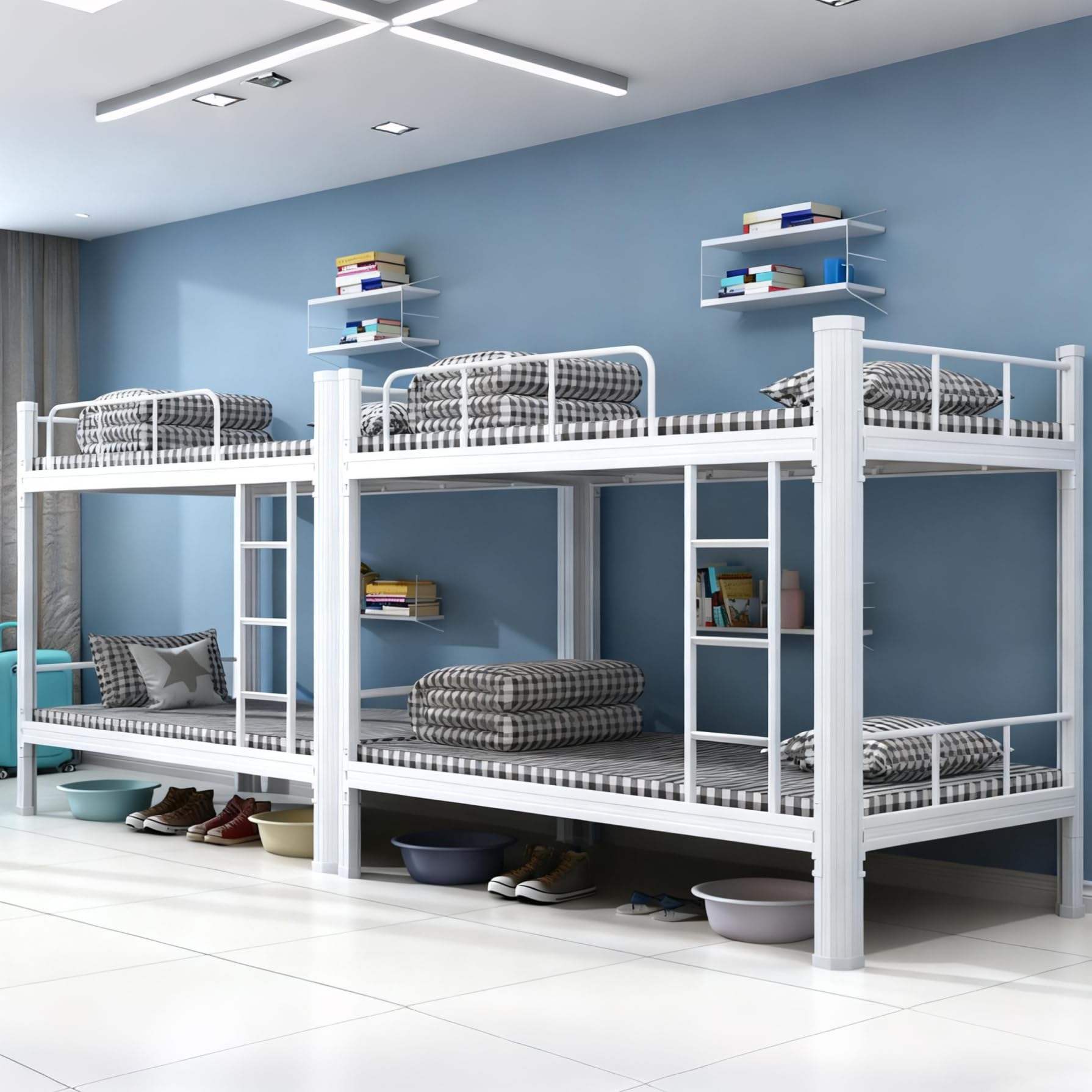 Hochbett 100x200 Bettgestell Metallbett Doppelstockbett Erwachsene Etagenbett Stockbett mit Leiter und Bettgestell Robustes Doppelstockbett aus Stahl für Jugendliche und Erwachsene (White, 100x200cm)
