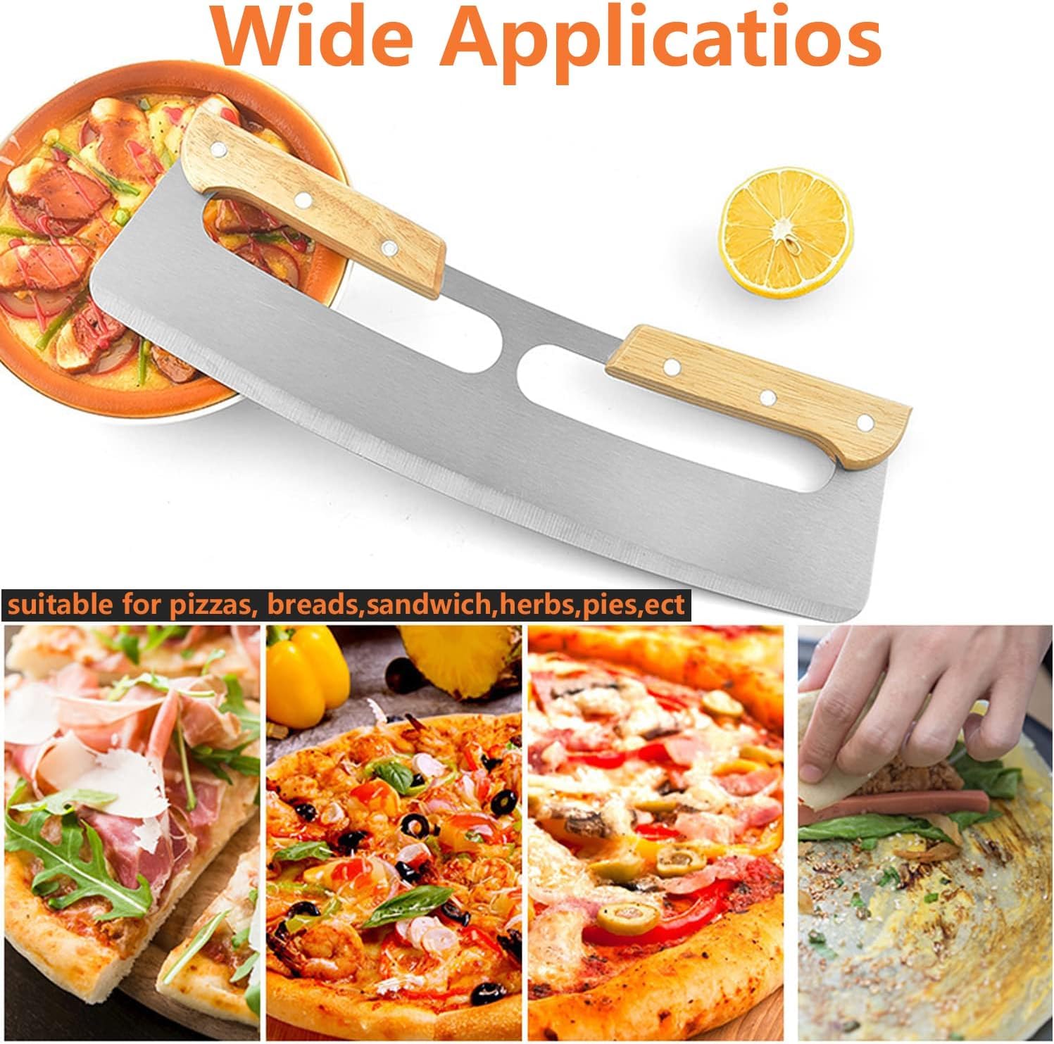 Cortador Pizza, Cuchillo Para Pizza de Acero Inox Corta pizza de Medialuna con Mango de Madera Pizza Ruedas Cortadora para Pizza Pastel y Pan