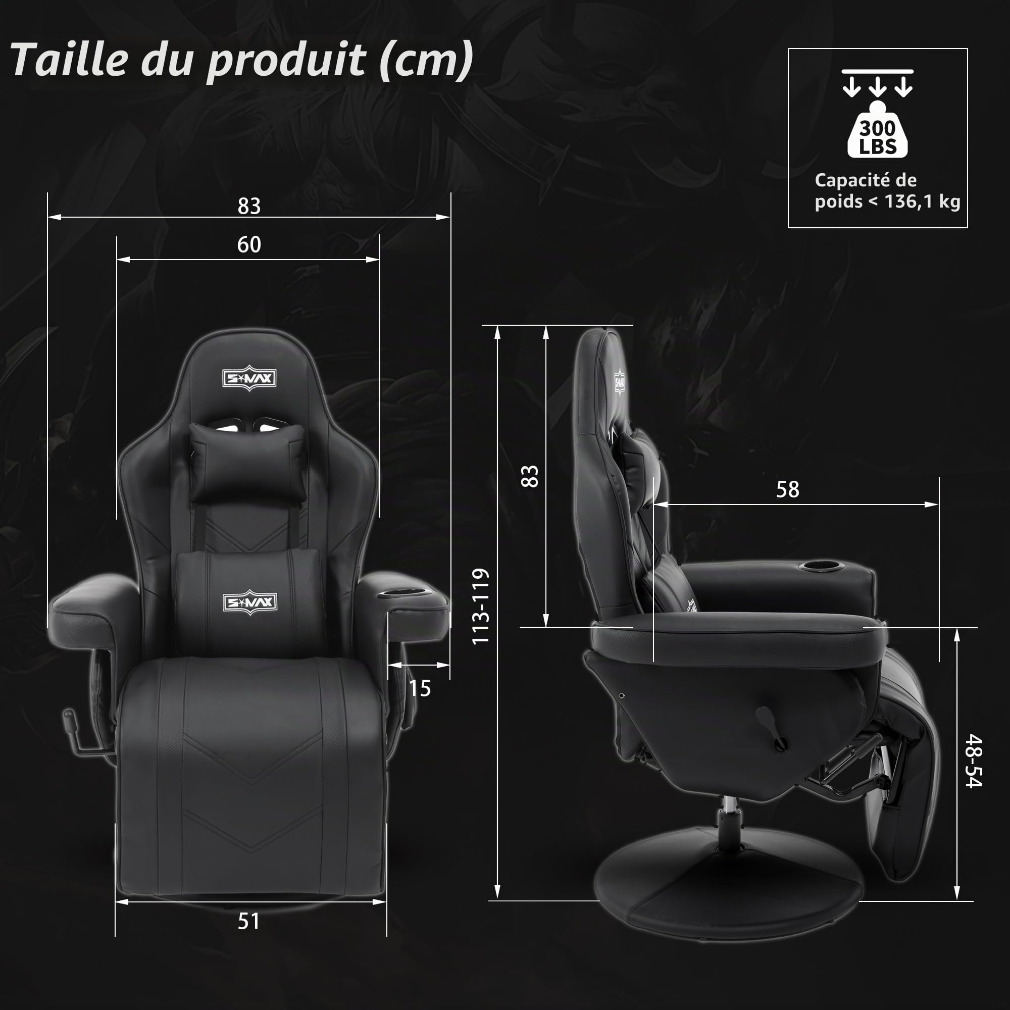 S*MAX Chaise Gaming Hauteur réglable avec Dossier Plus Haut et Support Lombaire Plus Large Chaise Gamer en Cuir PU avec Dossier et Repose-Pieds réglables Porte-gobelet Fauteuil Gaming Noir X Large