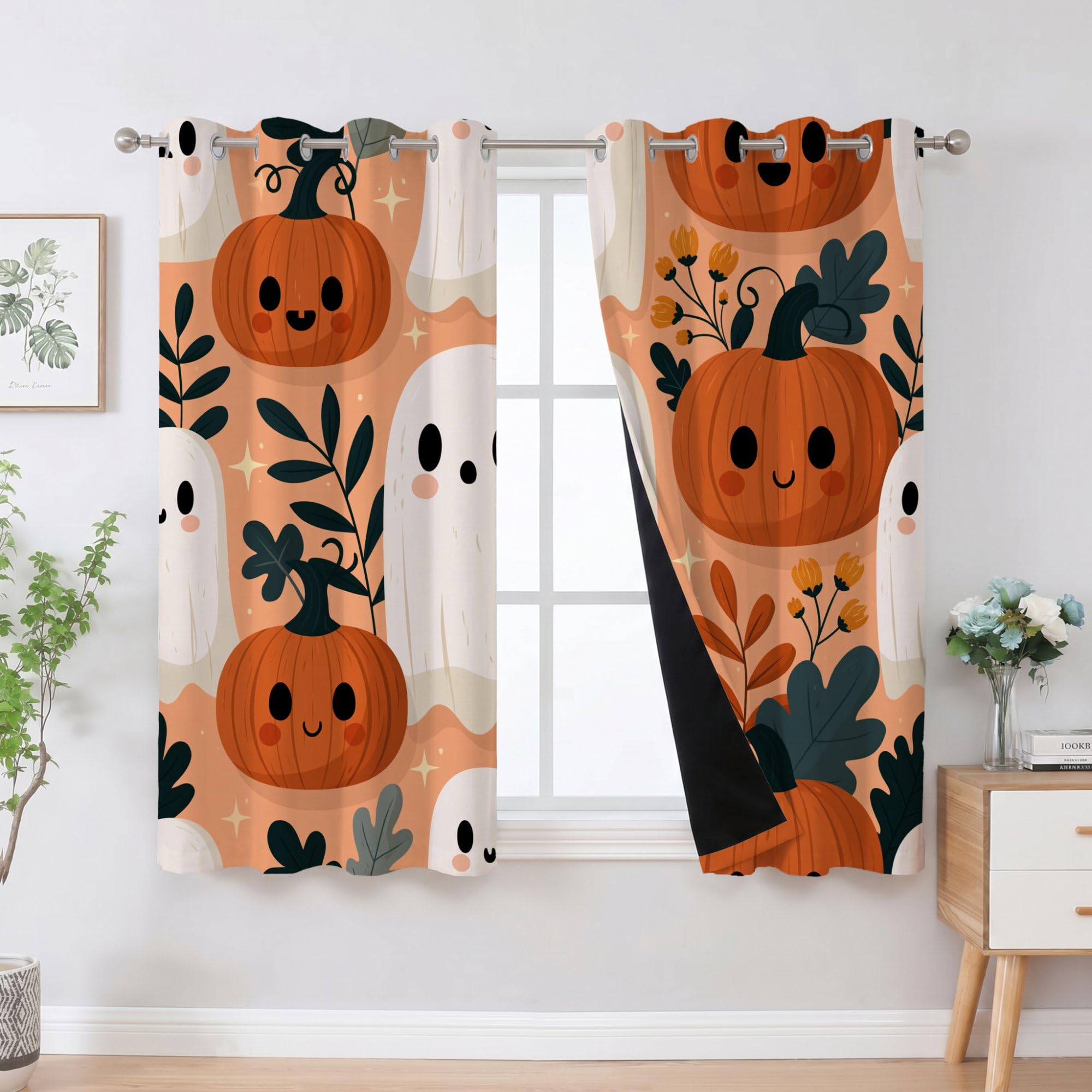 Cortinas opacas estampadas, dibujos animados de Halloween, 66 pulgadas de