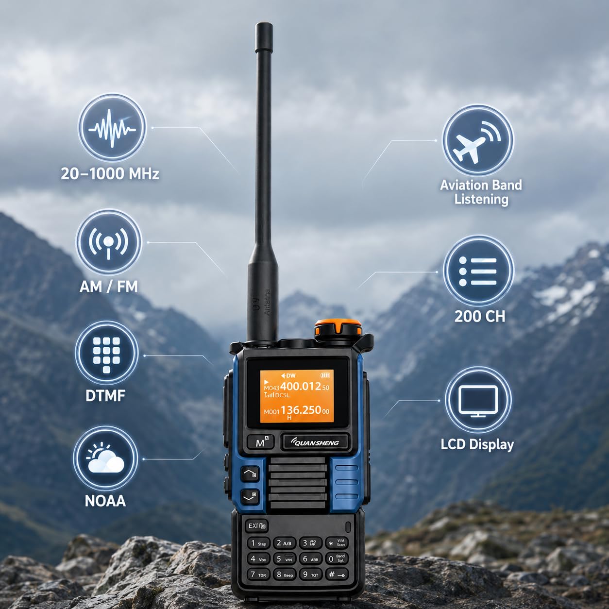 Quansheng UVK5(99) AM/FM/DTMF Walkie-Talkie 200CH 20-1000MHZ Walkie-Talkie NOAA Weather Forecast with Flash Copy Frequency Tpye-C LCD Display for Hiking Camping Travel Two-Way Radio (Blue)