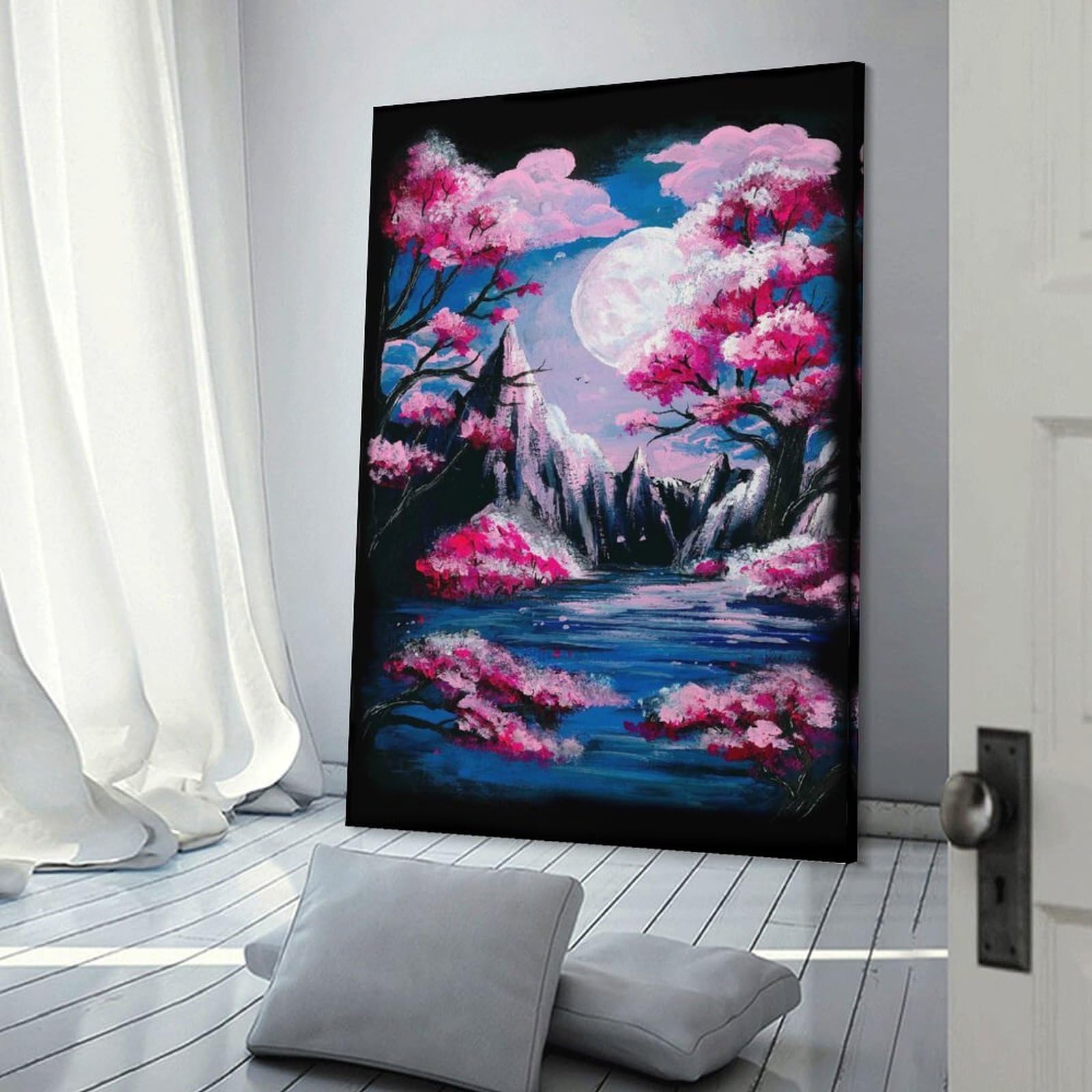 Junmoney Cherry Blossom Moon Wall Art Print, 24x36inch(60x90cm), for Entrance Spaces, Stair Walls Or Halls, Home Artwork for First Impressions