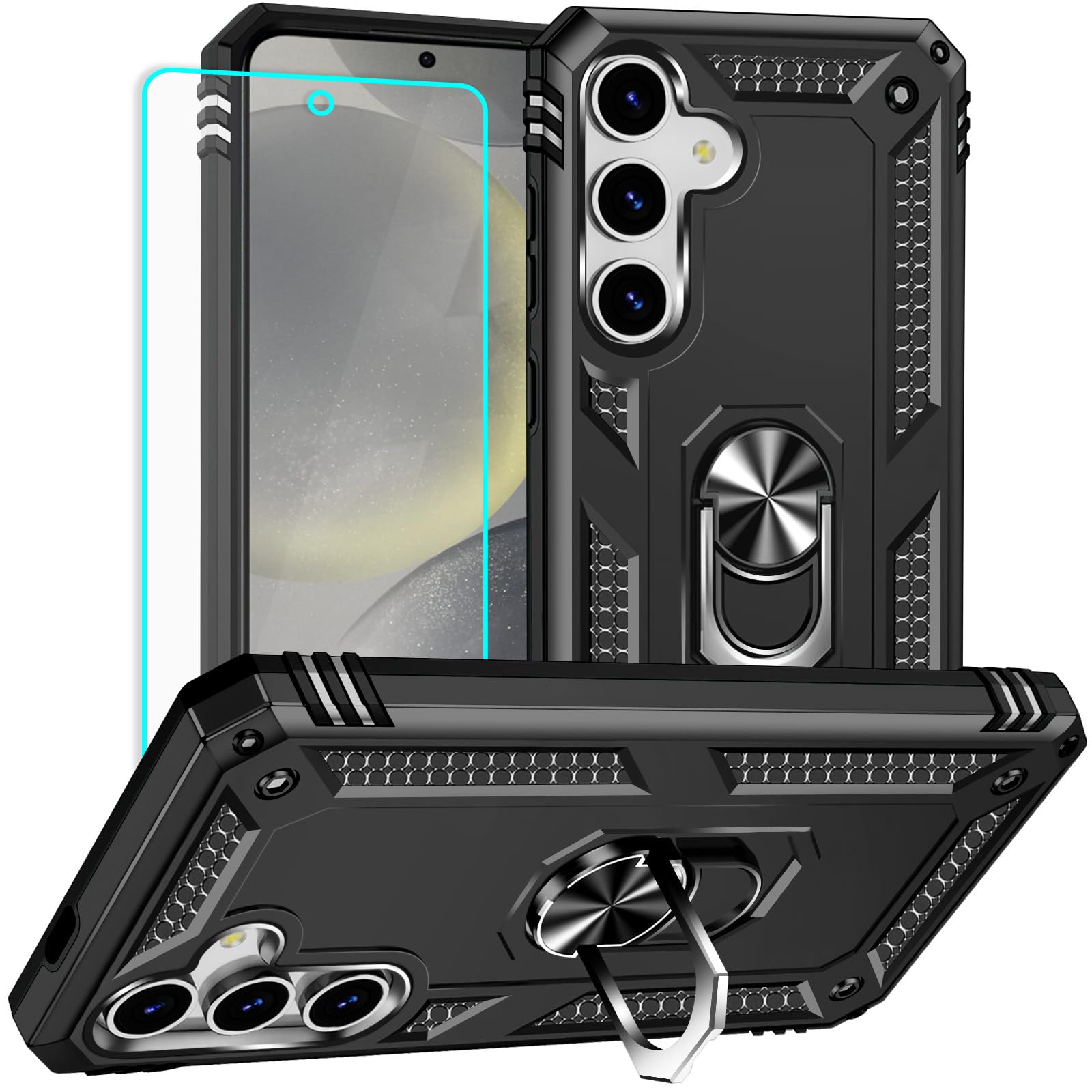 Coque Samsung S25 Yiakeng noire avec protège-écran et support béquille intégré