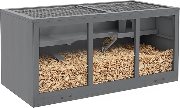 PawHut Wooden Hamster Cage with Openable Top for Dwarf Hamster Natural | Small Animal Habitat with Tray, Gerbil Cage
