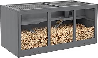 PawHut Hamsterkäfig aus Holz 3 Etagen Nagerkäfig mit reinigbar Ablage Kleintierkäfig mit klappbarem Deckel Treppen Holzkäfig Käfig für Hamster Zwerghamster 115 x 57 x 55 cm Grau