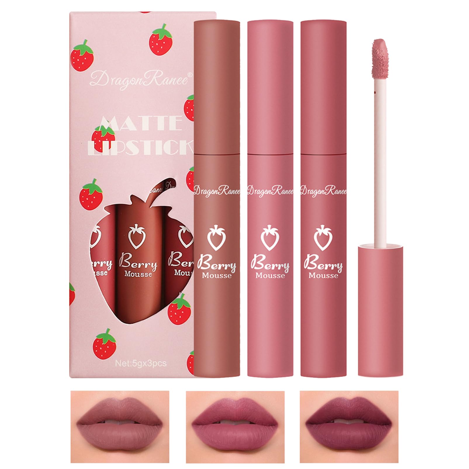 Lipstick Sets for Women, Matte Lip Gloss Set Makeup Set Nude Velvet Waterproof Non-Stick Cup Not Fade Pink Lipgloss Lip Plumping Glass Finish Makeup Set Gift Kit (Rose Set, One Size)