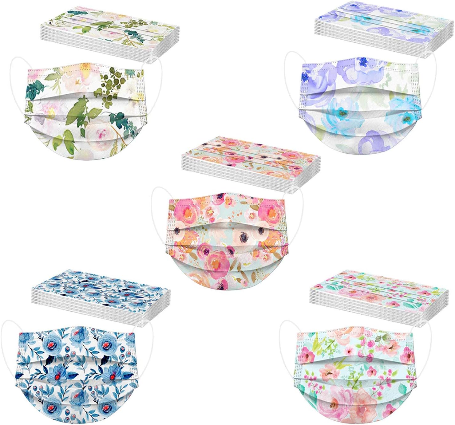 BOFFO 50 Pack Spring flowers Face_Masks with 3 Layer Face Filter with Elastic Earloop, Breathable with Floral Print for Adult (50PCS Disposable, Floral #10)
