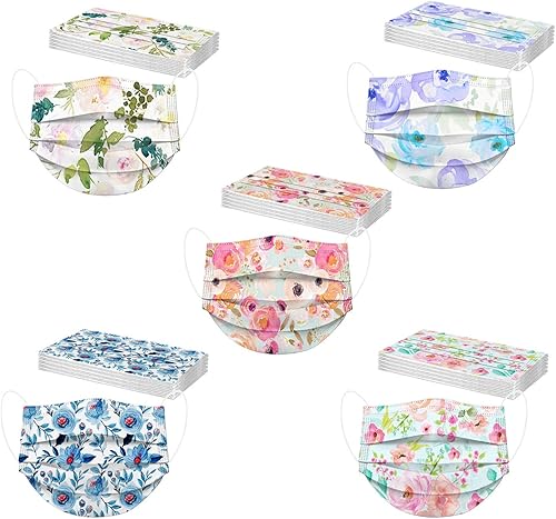 Paquete de 50 mascarillas desechables florales para mujeres, 3 capas para adultos con diseños de flores para primavera y verano