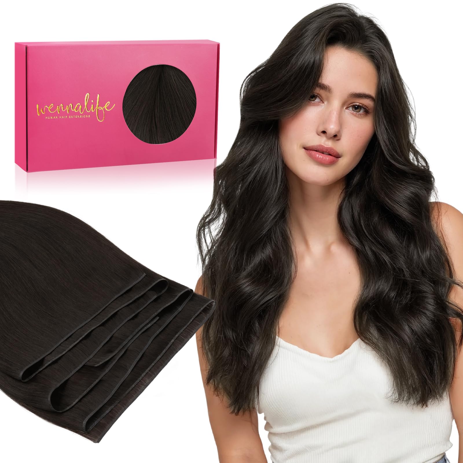 WENNALIFE Genius Sew in Weft Hair Extensions Real Human Hair, 18" 50g Dark Brown Sew in Hair Extensions for Women Natural Luxury Remy Hair Straight