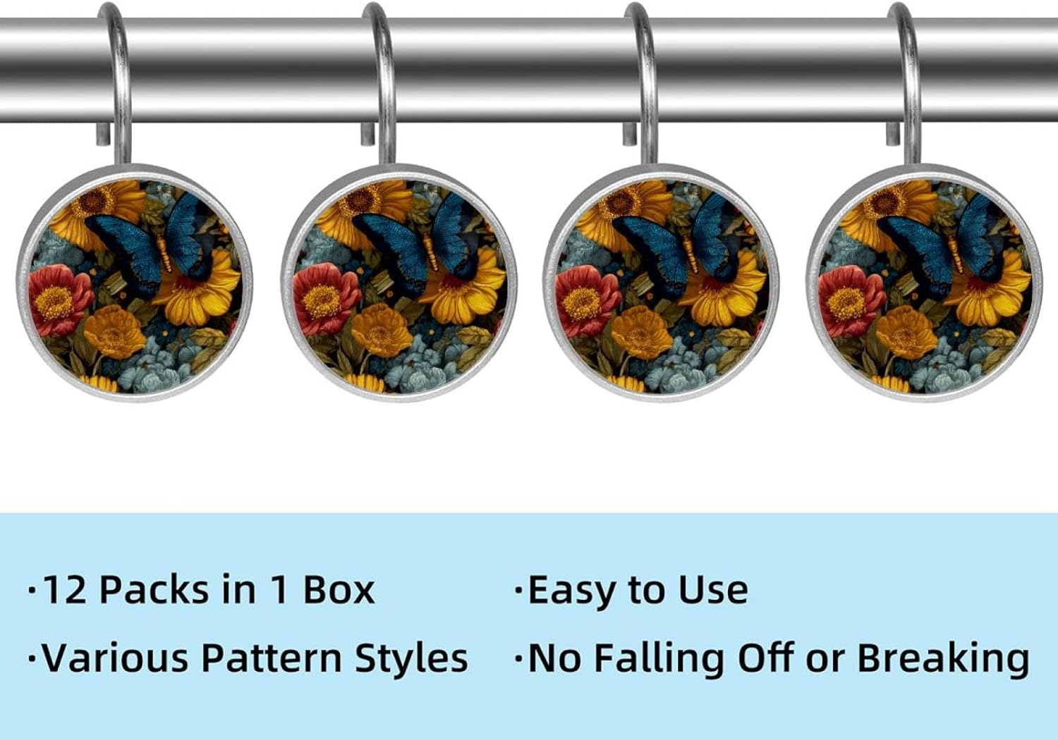 12PCS Butterfly Flower (3) Shower Curtain Hooks Metal Rust Resistant Decorative Shower Curtain Hooks Bathroom Decorations