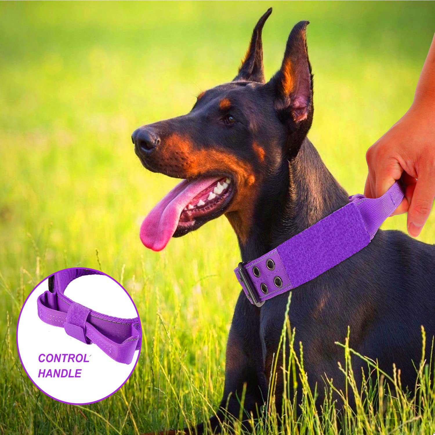 Collar táctico para perros grandes, collar reflectante resistente con mango de control y hebilla de metal para entrenamiento de perros (tamaño grande, morado)