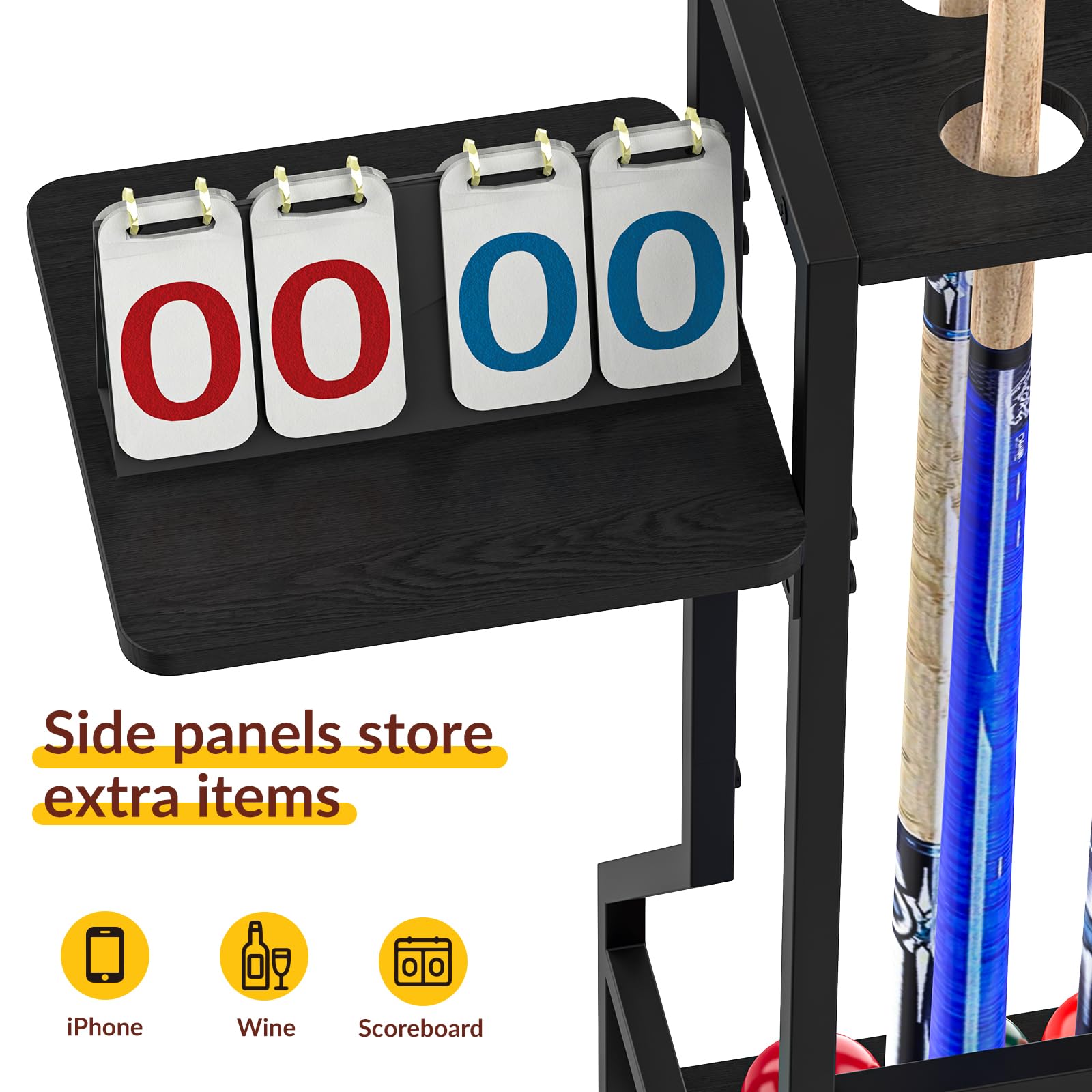 YBING Pool Stick Halter - Bambus Bodenständer Pool Queue Rack für 10 Sticks Pool Tisch Zubehör Billard Queue Stick hält Schwarz