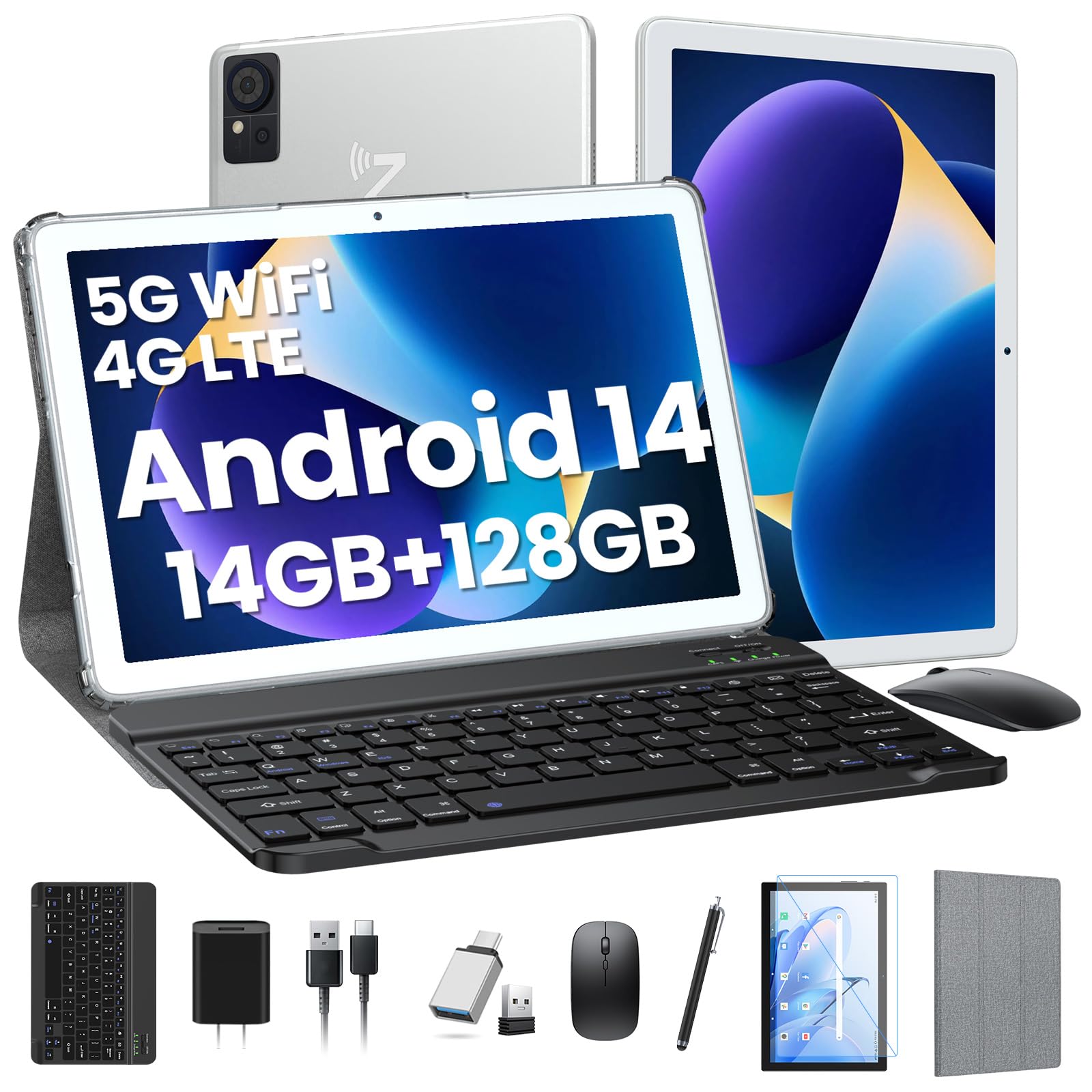 DOMATON Tablet with Keyboard,2025 Android Tablets 14GB+128GB+1TB Expand, 10.1 Inch Tablet Octa-Core 2-in-1 Tablets with Incell Screen,5G WiFi & 4G LTE