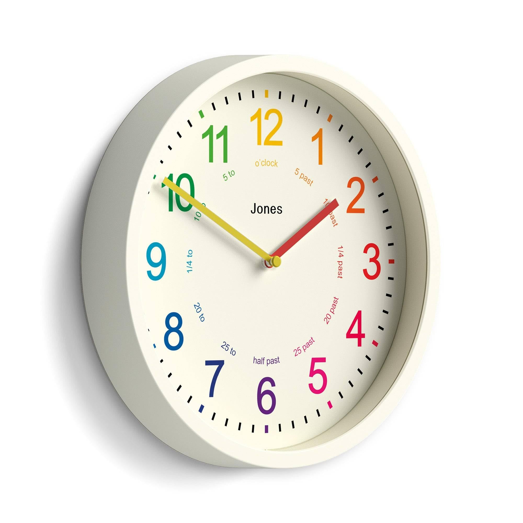 Jones Clocks White Jones Clocks® Kids Wall Clock | Small Modern Children’s Nursery Clock | 25Cm | Pale Cream | Colourful Dial For Learning To Tell The Time