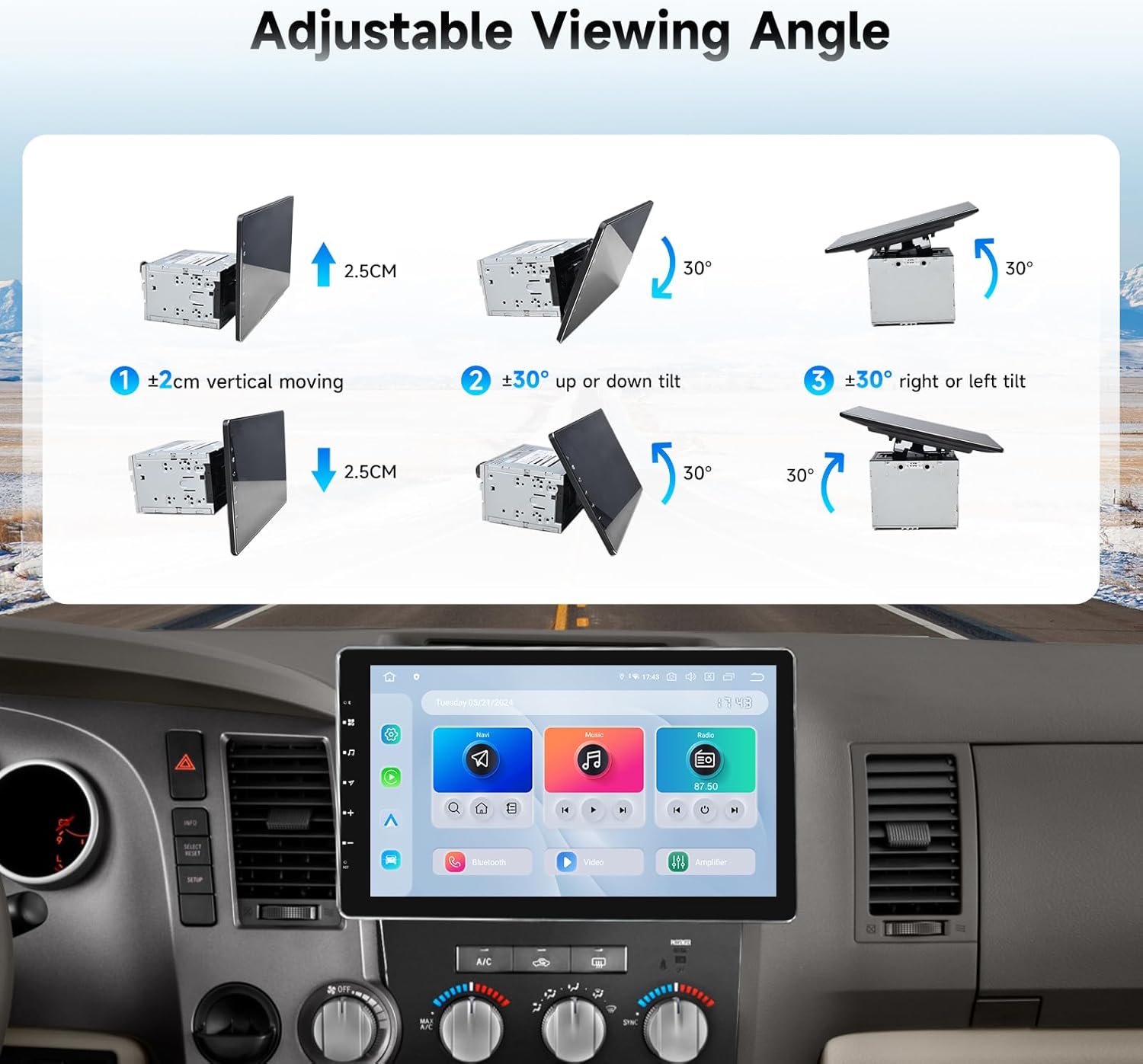 Screenshot of the Dasaita head unit displaying the Apple CarPlay interface with various app icons like Phone, Music, Maps, and Messages.