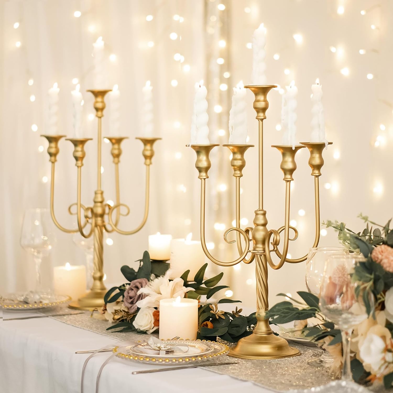 5 Arm Gold Candelabra Centerpiece for Table, Metal Candelabras, Retro Candle Holder Table Centerpieces for Party, Events, Home, Wedding Decor(19.7in)