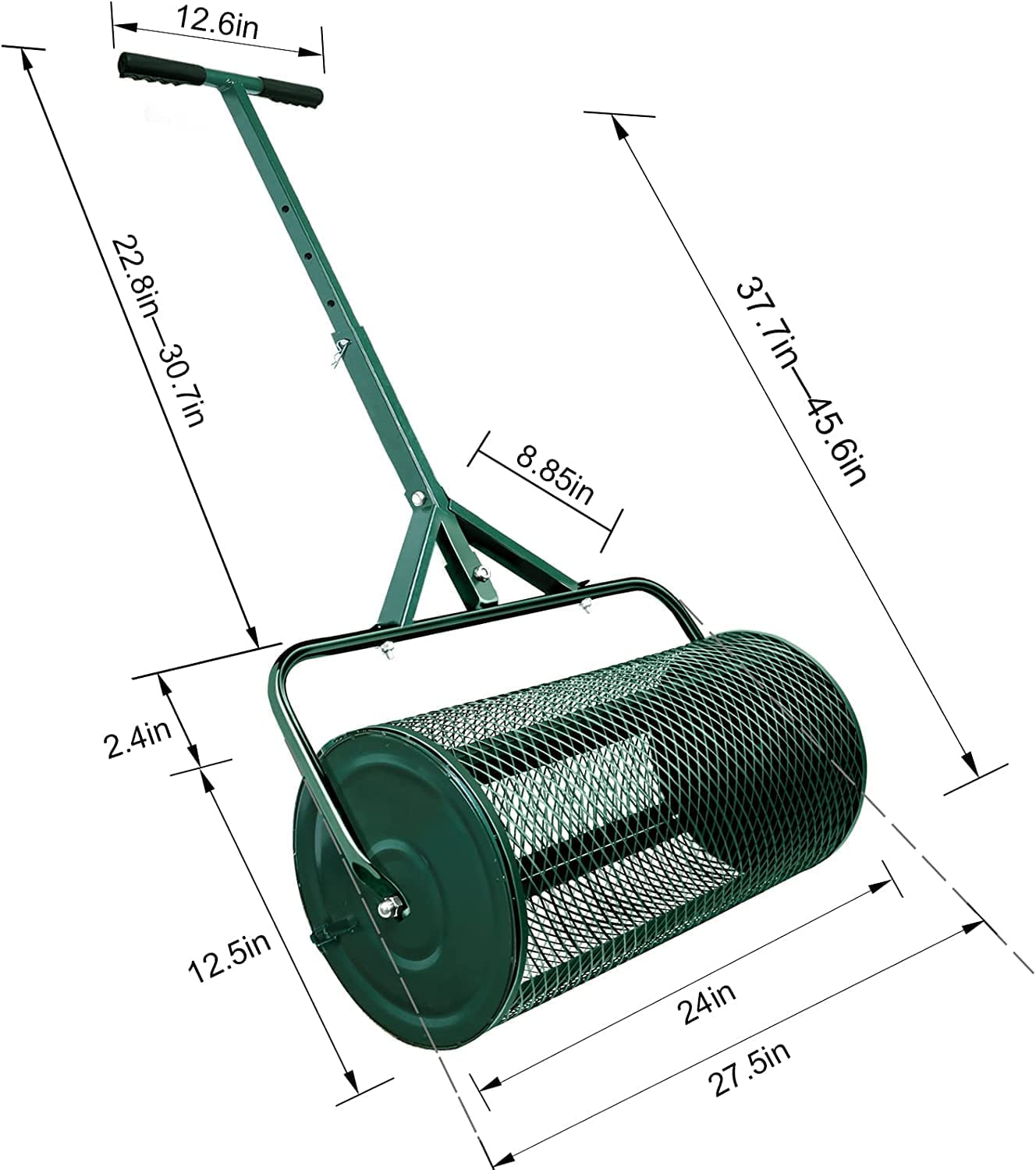 Esparcidor de abono para césped y jardín, mango ajustable, cesta de malla de metal duradera, perfecta para esparcir turba, fertilizantes y semillas