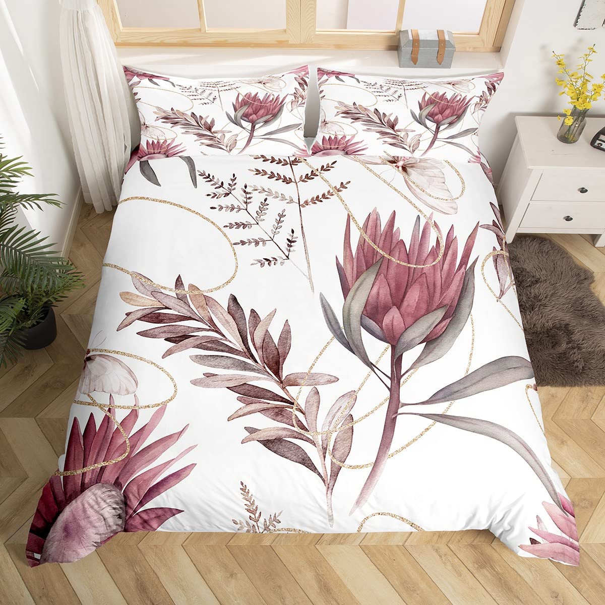 Richhome Girls Color 09 Protea Flowers Duvet Cover Set Double Size,Butterfly Leaves Plants Bedding Set,Teens Adults Room Decor,Florals Africa Tribal Exotic Comforter Cover,Romantic Retro Quilt Cover,2 Pillowcases