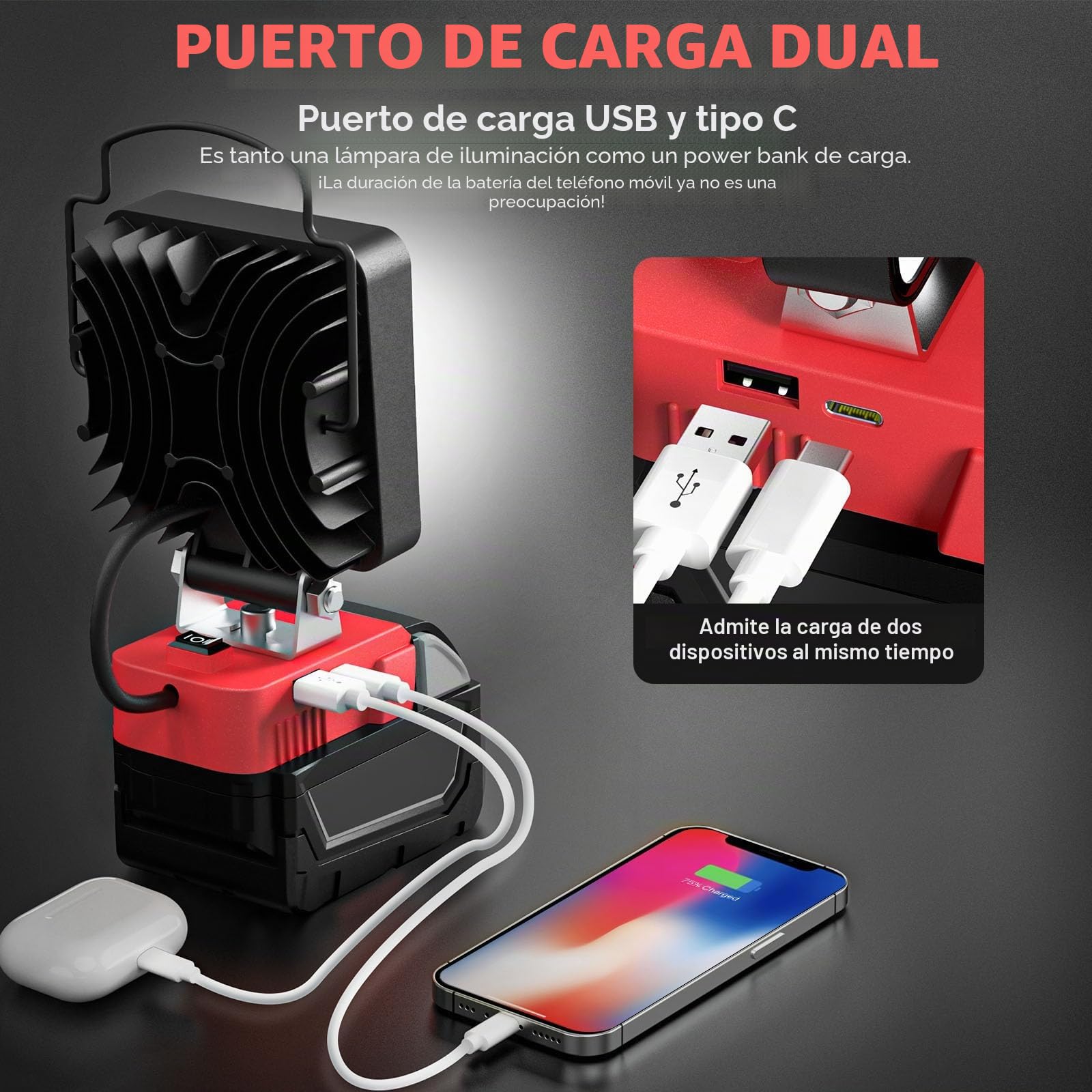 LIVOWALNY Foco Led Recargable 48W Compatible con Milwaukee, Luz trabajo LED Inalámbrica 4800LM, Con Puerto de Carga USB y tipo C para Acampar y Hacer Senderismo(Solo Herramientas)-Rojo