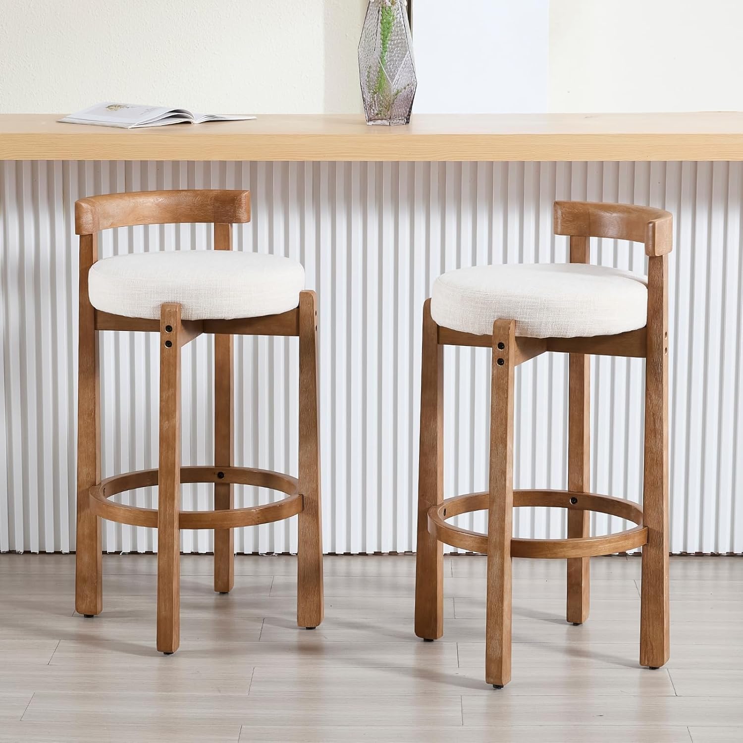 HEAH-YO Linen Bar Stools Set of 4, 30.25" Pub Height Stools with Back, Upholstered Barstools with Solid Wood Legs Tall Bar Chairs for Kitchen Island Dining Room, Beige