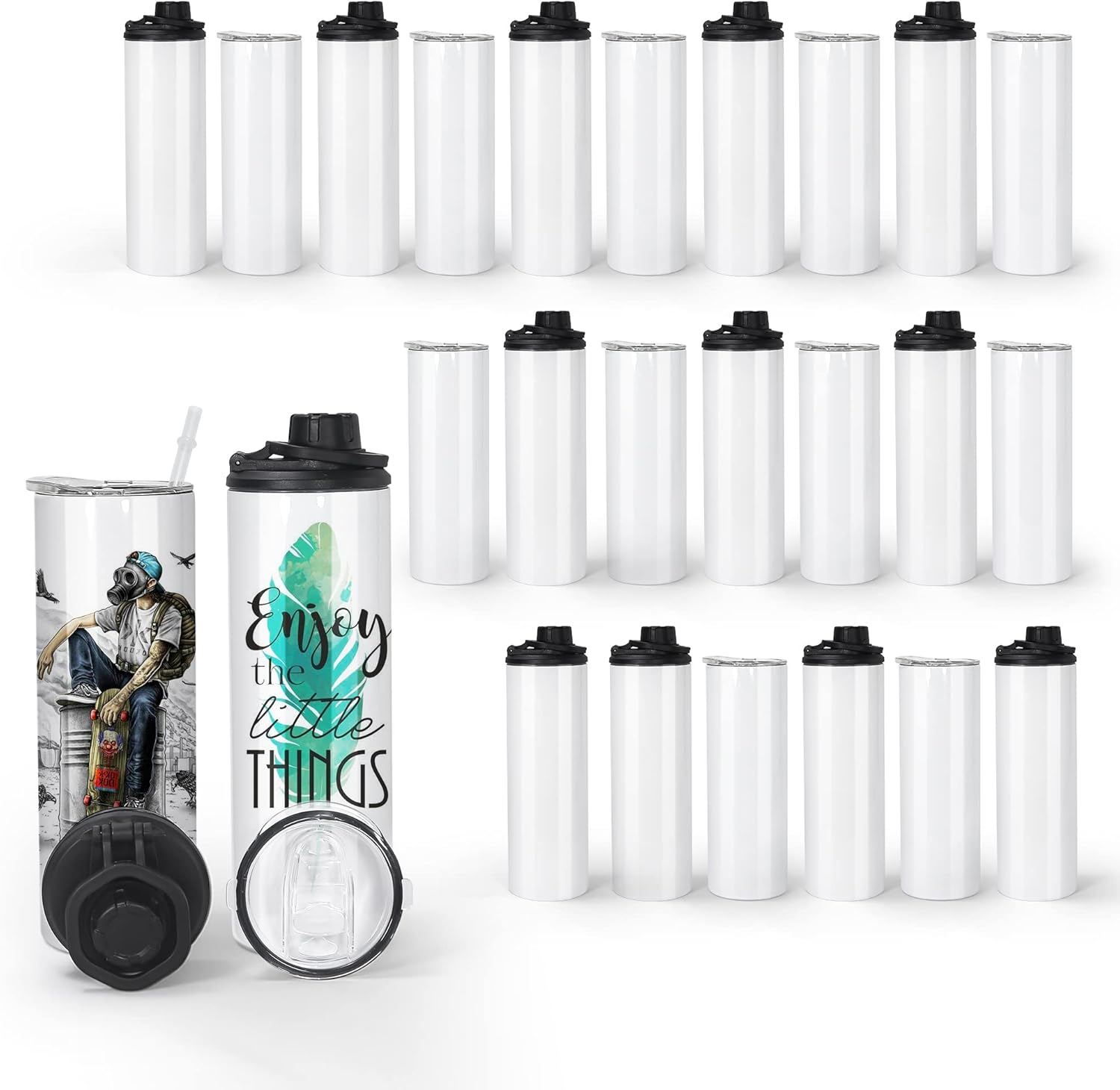 AGH 20oz 30 Pack Sublimation Blank Tumbler with Spout Lid, Insulated Sublimation Water Bottle Blanks, Stainless Steel Leakproof Double Wall Metal Large Water Bottle, Sublimation Wide Mouth Sport Cup
