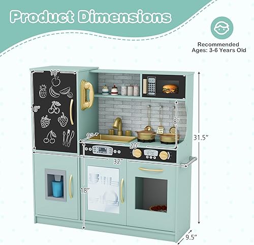 Vista 7 de HONEY JOY Juego de cocina para niños, juego de cocina de madera con pizarrón, teléfono, utensilios, horno, microondas, fregadero, almacenamiento