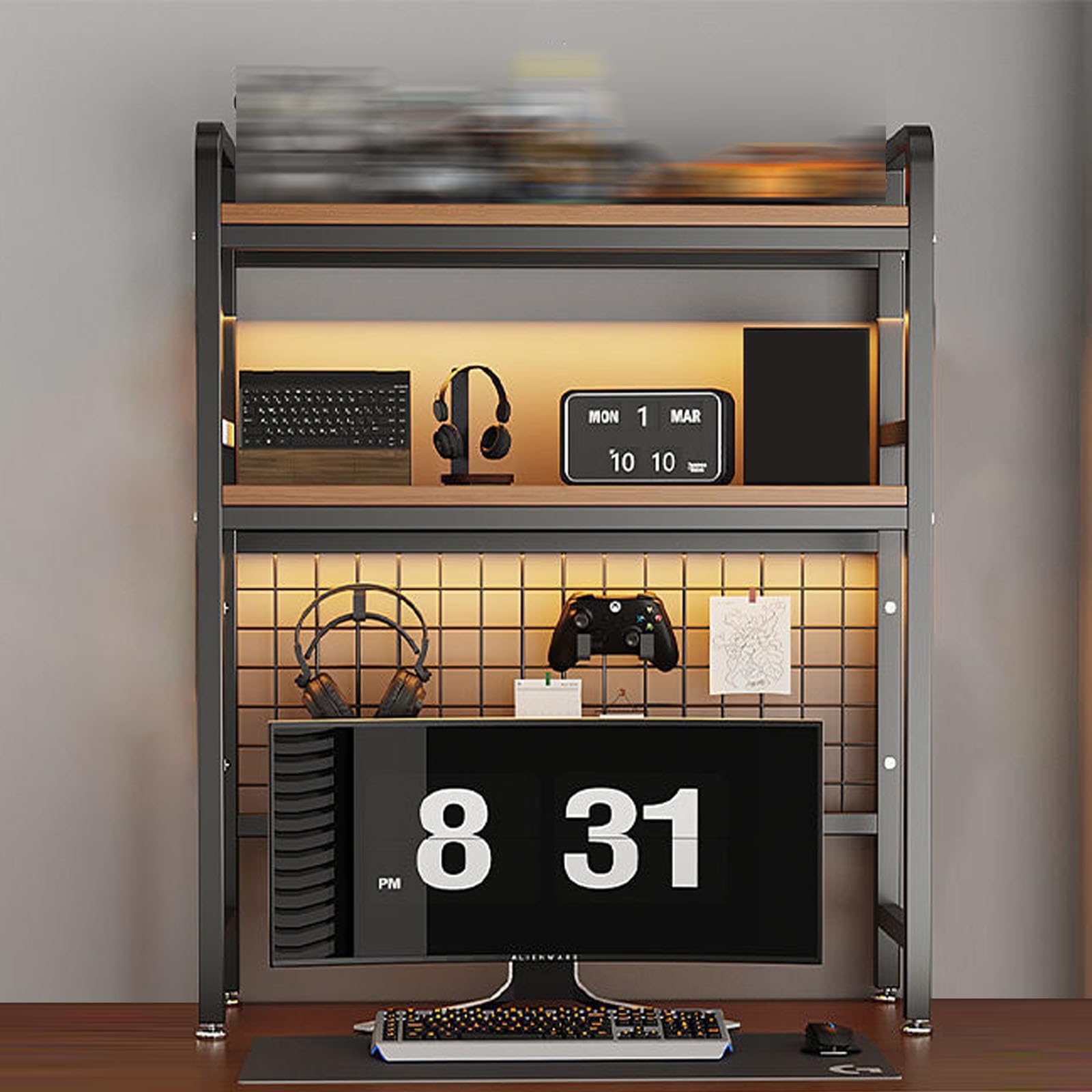 CWCQGH 2-Tier Desktop Bookshelf with Grid Panel - Multipurpose Desk for Dorm Room, Home Office, Countertop Organization & Display Shelf for Supplies,Black-75cm/29.5in