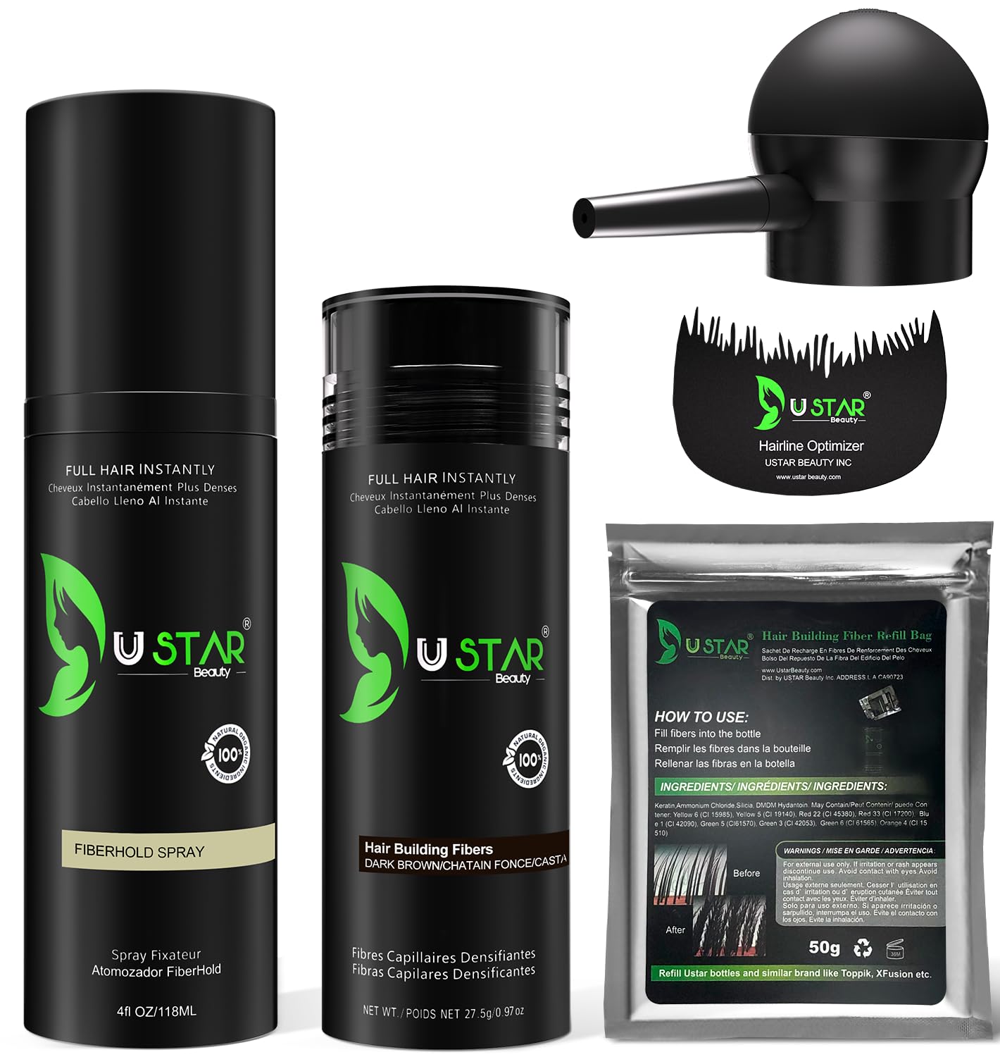 Hair Building Fibers 77 5g USTAR 5 in 1 Hair Fibers for Thinning Hair with Holding Spray for