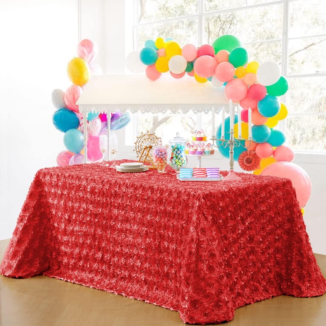 B-COOL Red Rosette Tablecloth 3D Red Floral Satin Tablecloths 90x156 Inch Brithday Holiday Party Decorations Wedding Party Linens