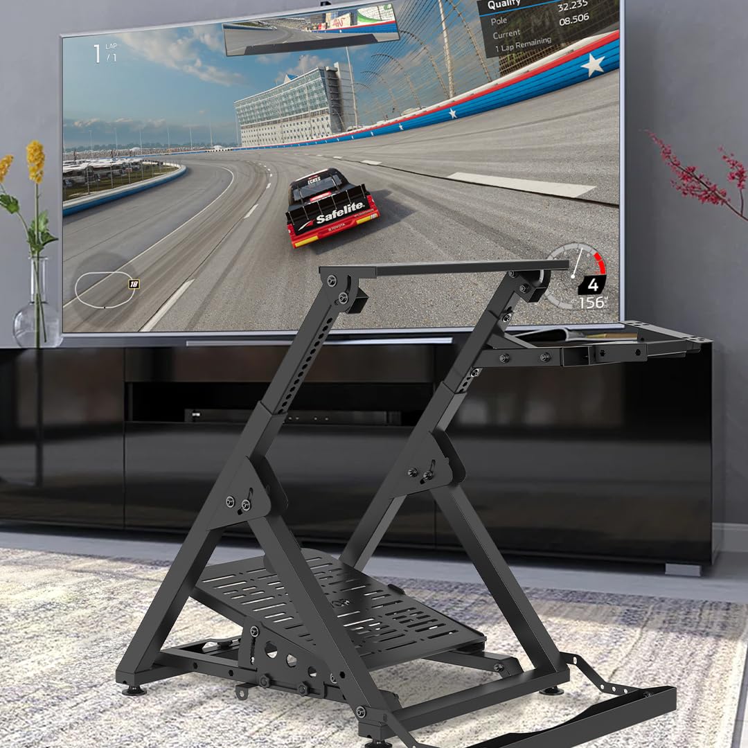 VEVOR Foldable Racing Steering Wheel Stand, Height Adjustable Universal Base Compatible with Logitech & Thrustmaster Racing Wheel and Pedal, Movable Wheels Heavy-duty Frame Standard GT/Formula Seating