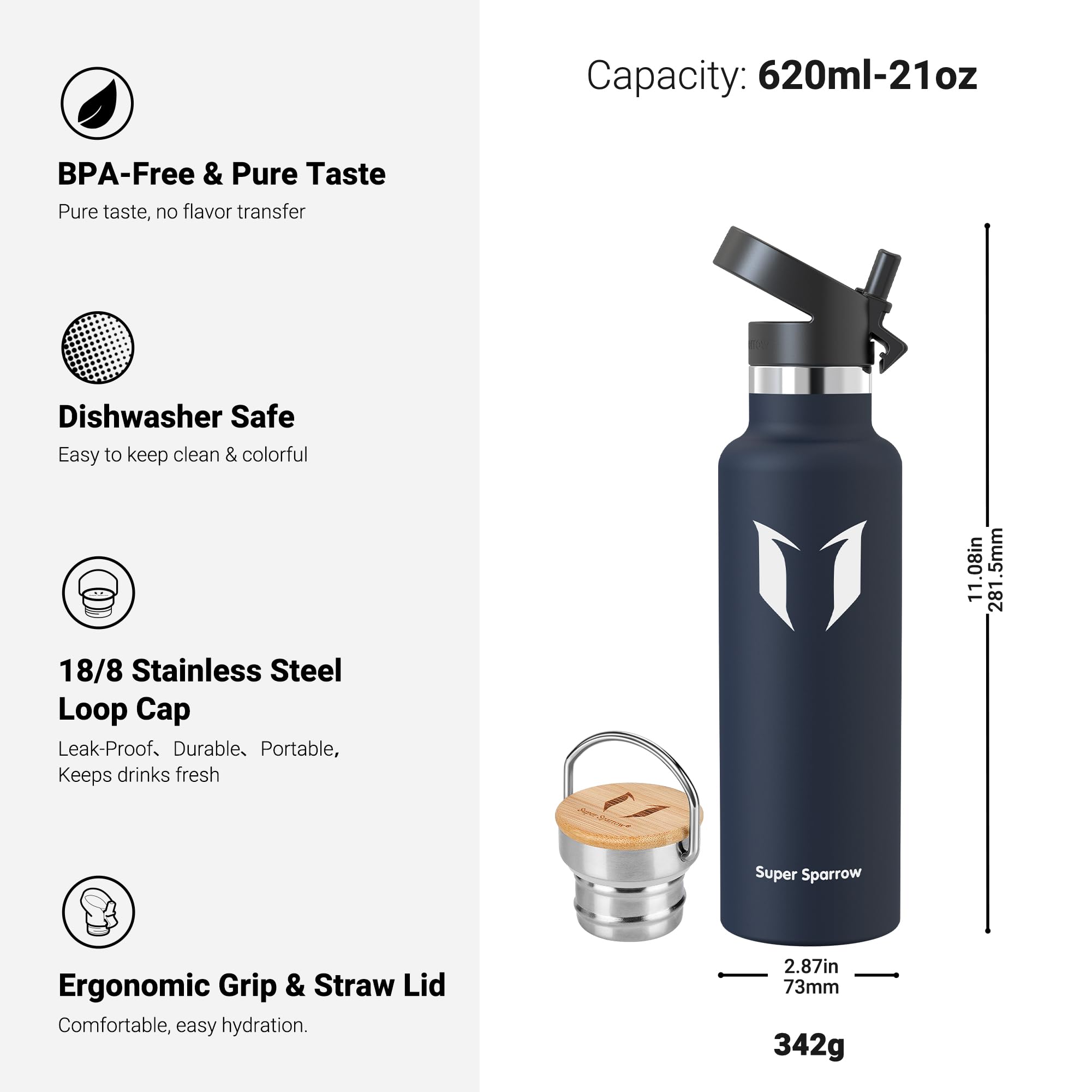 Super Sparrow Borraccia Termica - Bottiglia Termica Senza Perdite - 350ml/500ml/620ml/750ml/1L - Senza BPA Borracce Bambini - Per Scuola, Sport, Campeggio, Palestra, Ciclismo - Con 2 Tappi