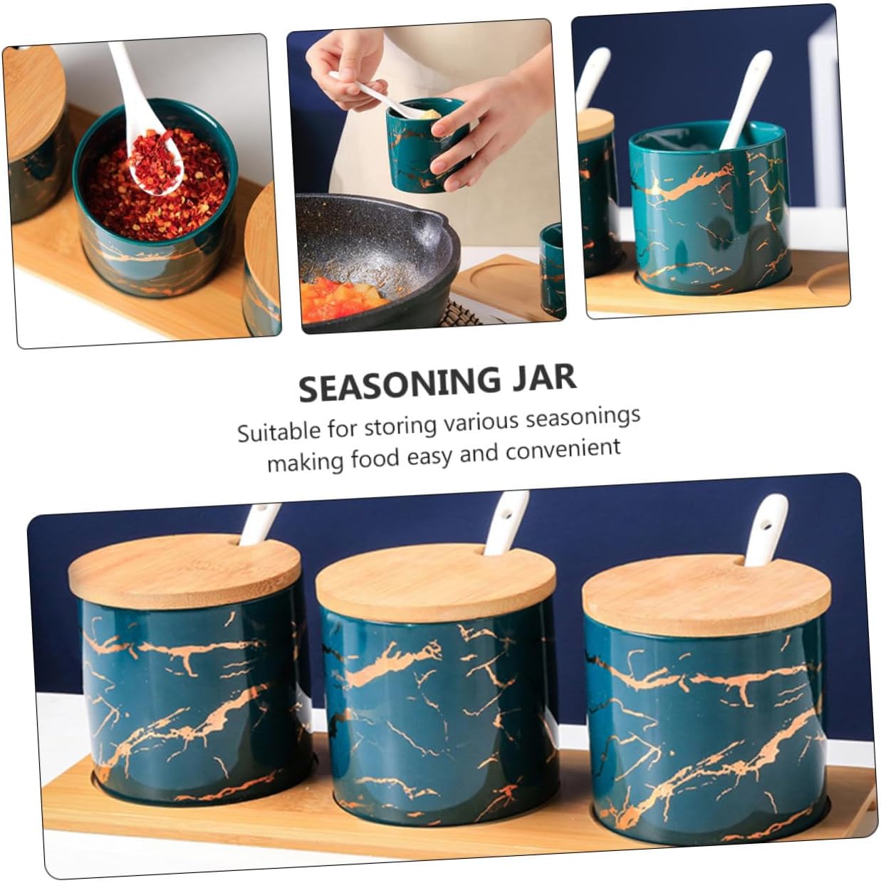 Ceramic Seasoning Canister Set with Lids and Spoons, Emerald Marble Pattern, 3pcs Spice Container for Kitchen Storage and Condiment Organization