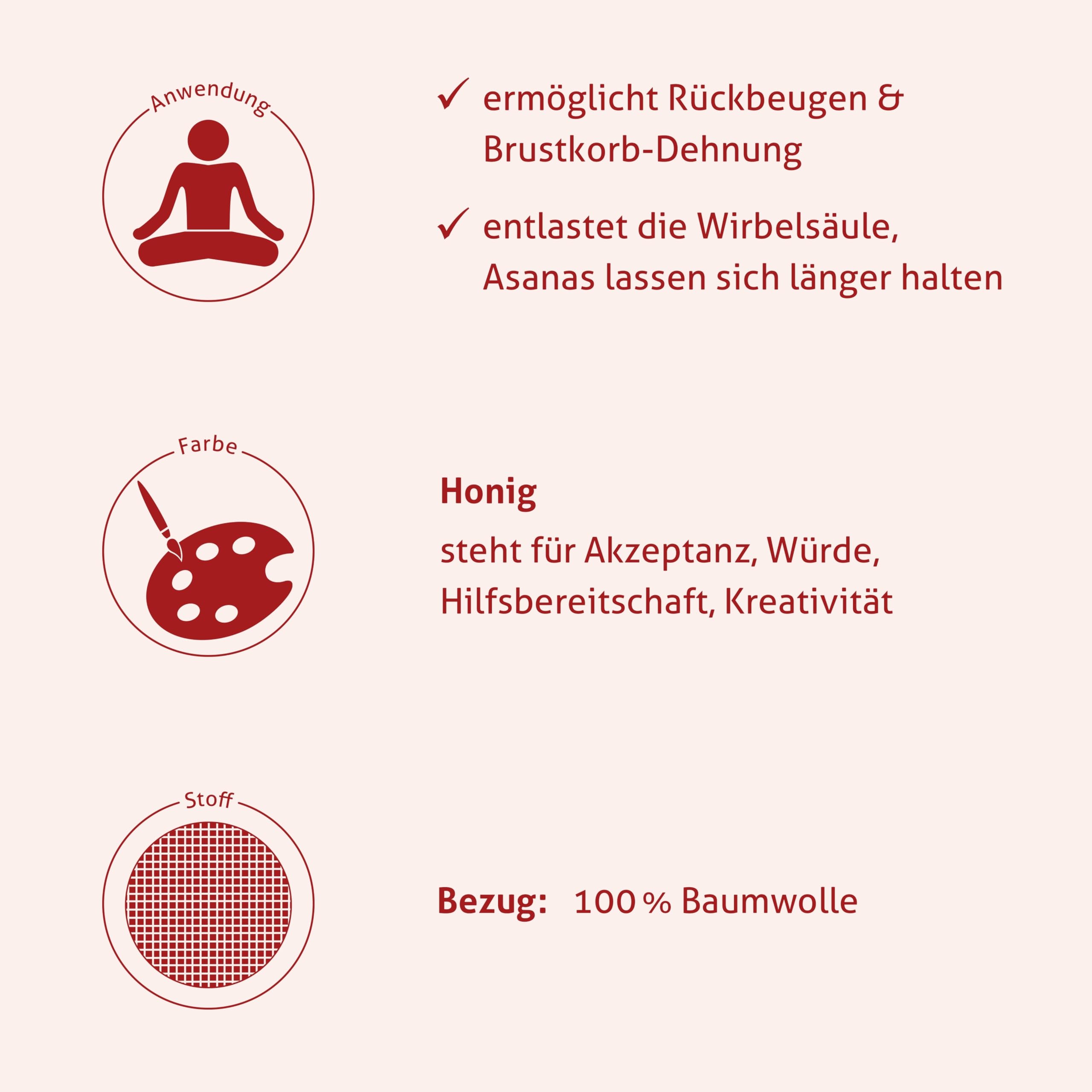 Yoga Bolster – Handmade in Germany, 24cm x 64cm | Yoga Rolle mit praktischem Tragegriff, 100% Dinkelspelz Füllung, Waschbarer Bezug 100% Baumwolle