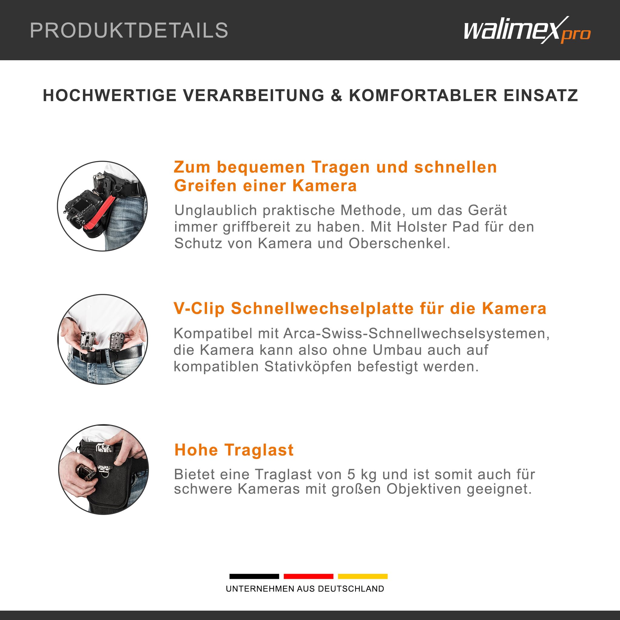 Walimex pro Kamera Hüftgurt mit V-Dock Argus – Tragegurt mit Holster für Fotoshooting und Outdoor Fotografie – V Clip Kameraholster mit Bauchgurt
