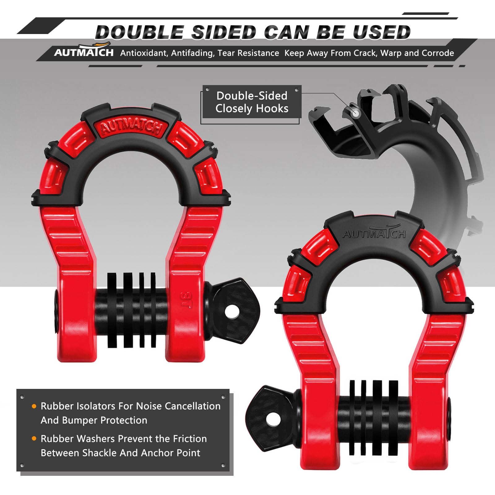 AUTMATCH Schäkel, 1,9 cm D-Ring-Schäkel (2 Stück), 2 Stück, Bruchfestigkeit mit 2,2 cm Schraubstift und Bügelisolator und Unterlegscheiben, Set für Abschleppgurt, Seilwinde, Geländewagen, Rot und