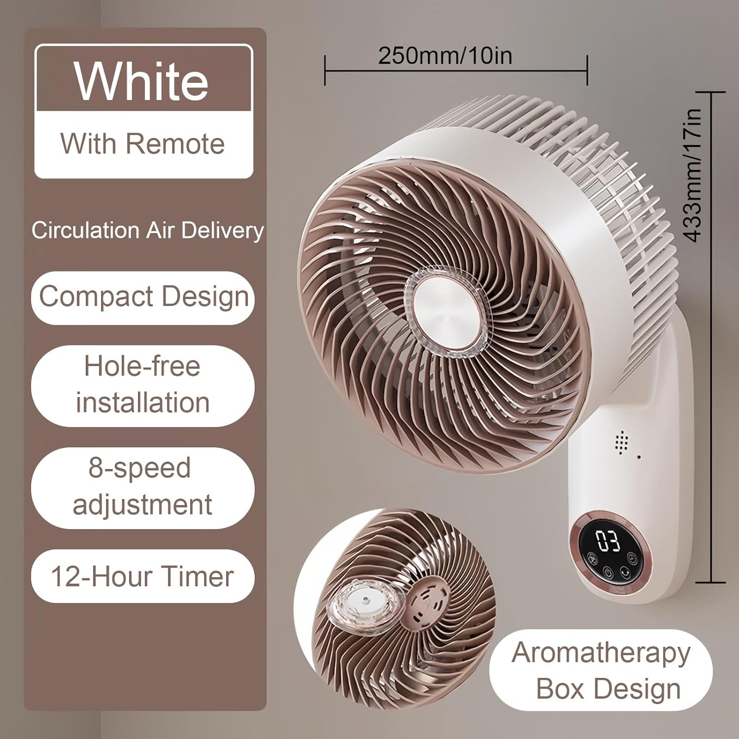 Wall Mount Fan - 8-Speed Oscillating Air Circulator with Remote Control and Timer, Noiseless Design, Space Saving for Home or Office Use