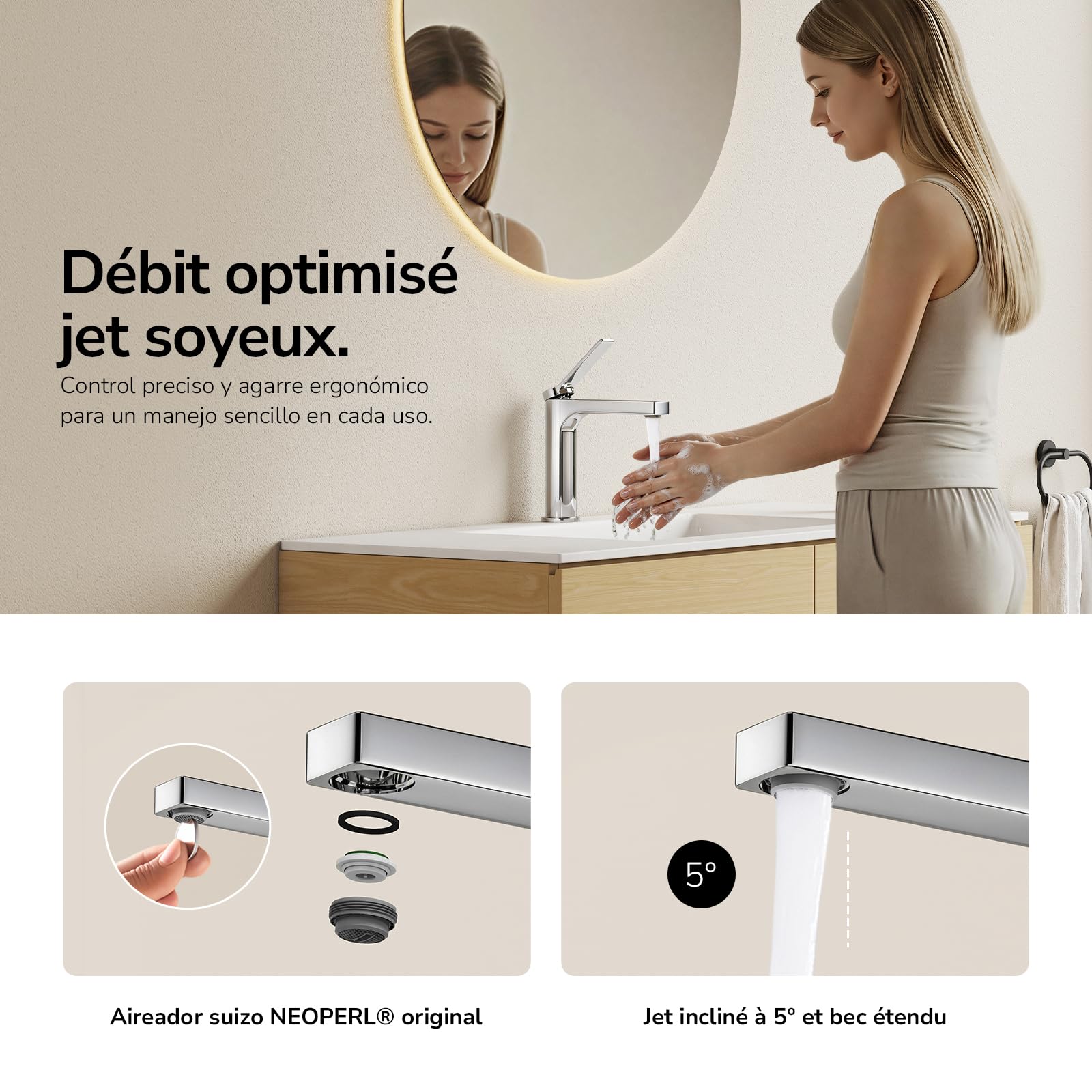 EMKE Grifo de Baño Cromado con Aireador, 195x173x46 mm | Mezclador de Lavabo en Latón Macizo, Cartucho Cerámico, Instalación Fácil