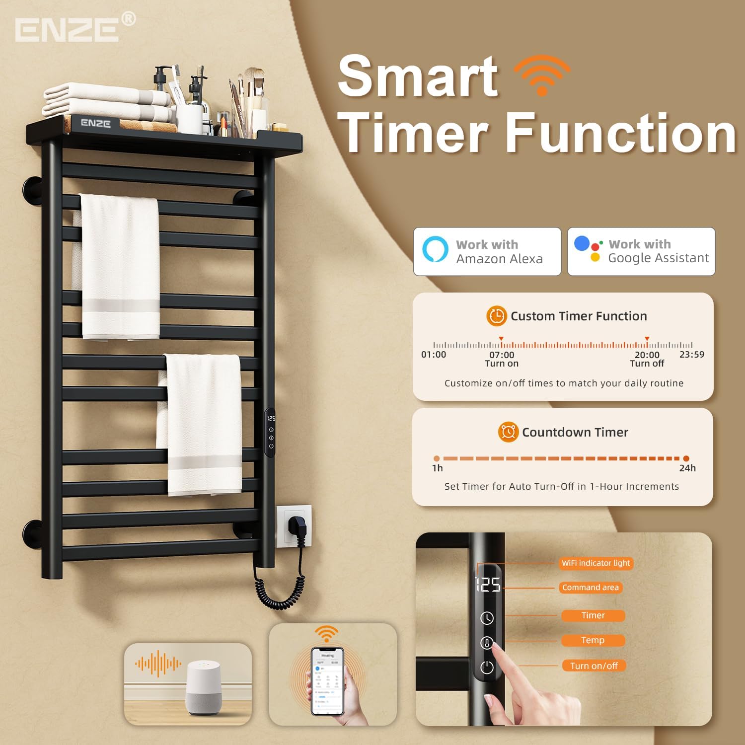 ENZE Smart Heated Towel Rack, 11-Bar Wall-Mounted Electric Towel Warmer with Shelf, Wi-Fi App Control, Adjustable Temperature & 24H Timer, Low Carbon Steel, IPX5, Plug-in/Hardwired, Matte Black