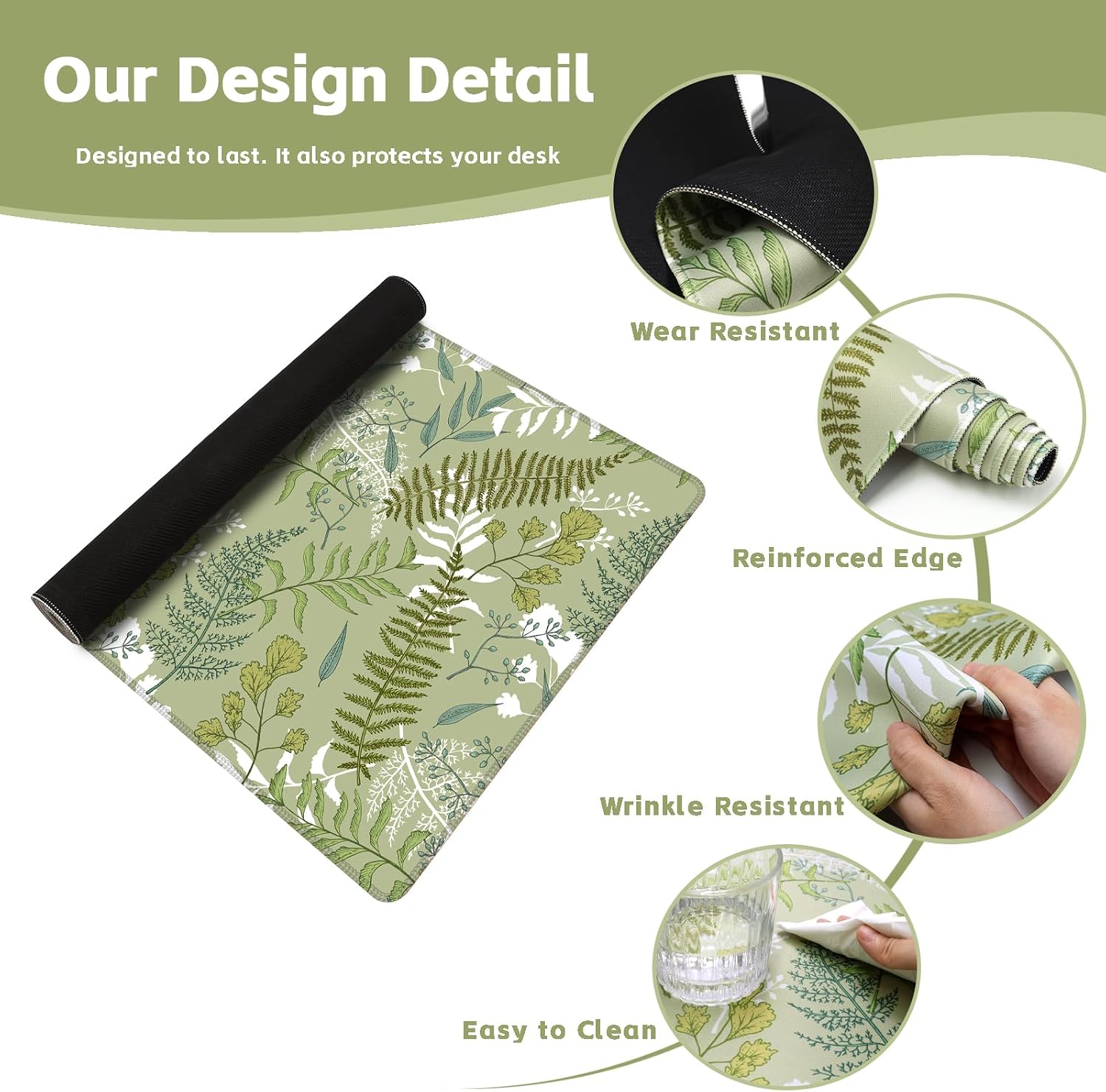 Baziabbo Green Desk Mat,XXL Extended Large Mouse Pad,Gaming Mousepad with Stitched Edge,Non-Slip Rubber Base Keyboard Desk Pad for Home Office Study Game (Ferns) image 3