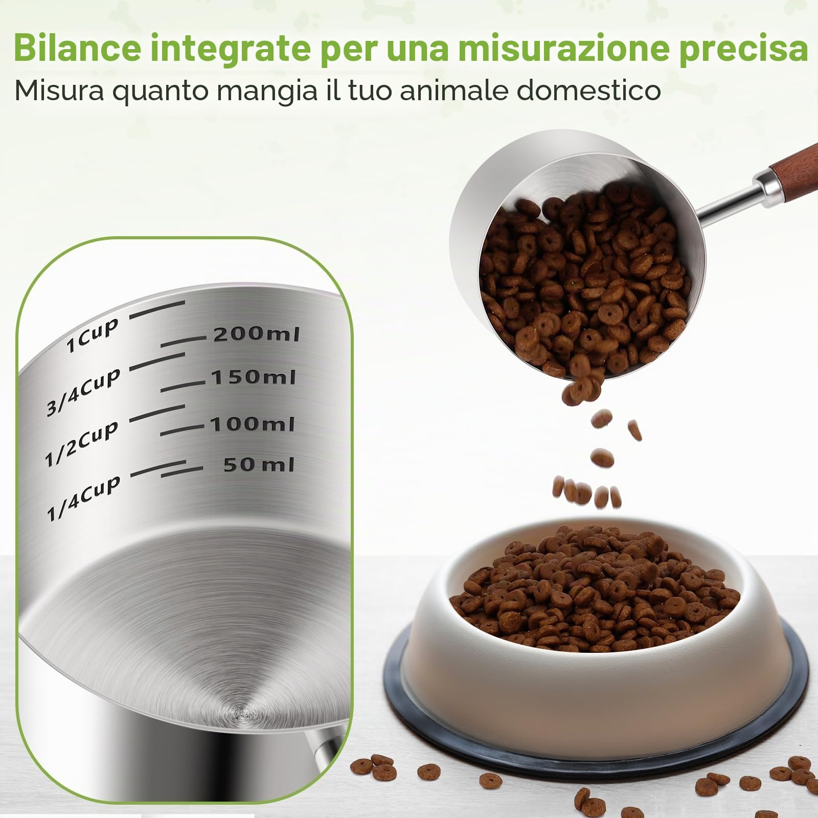 Misurino per cibo per cani e gatti, in acciaio inossidabile 304. Capacità di 1 tazza. Misurazioni della scala di precisione
